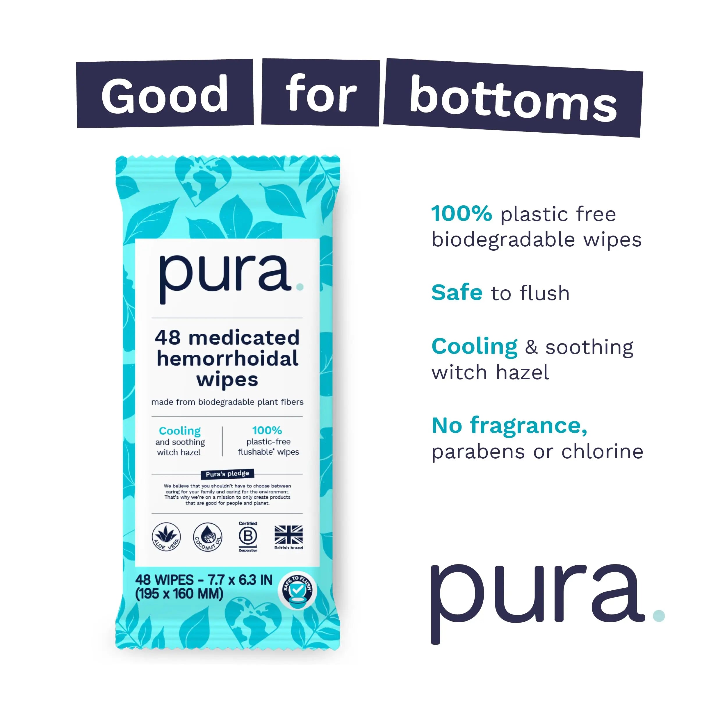 Pura Flushable Hemorrhoid Wipes XL, 48 Count, Medicated with Cooling Witch Hazel, Aloe & Coconut Oil, Fast Relief, Fragrance-Free, 100% Plastic-Free Pura buy supplements canada