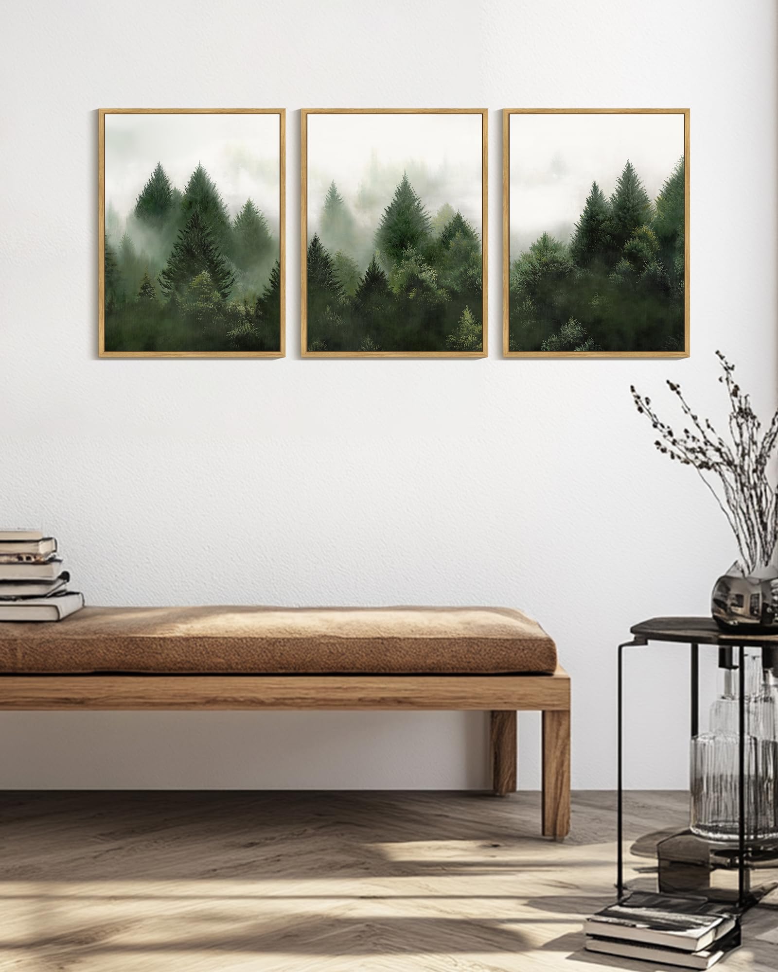 KUVIOKE Morden Green Fog Pine Tree Framed Canvas Wall Art Nature Nordic Forests Artwork Painting Bedroom Decor 12x16in (Natural Framed) KUVIOKE buy supplements canada