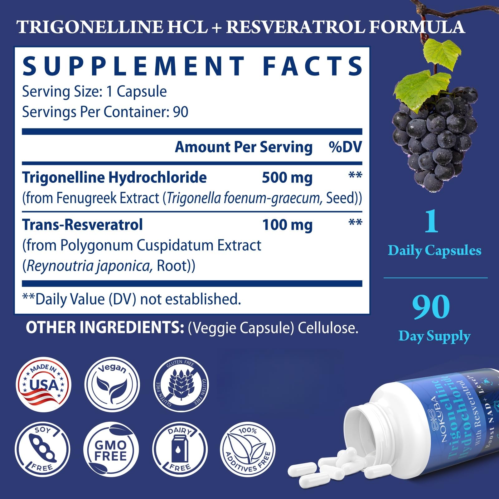 Nokuba NAD Supplement - NMNH Alternative with Trigonelline HCL 500mg & Resveratrol - NAD+ Precursors Plant Extraction - Support Cellular Energy & Healthy Aging & Brain for Women & Men - 90 Capsules Nokuba buy supplements canada