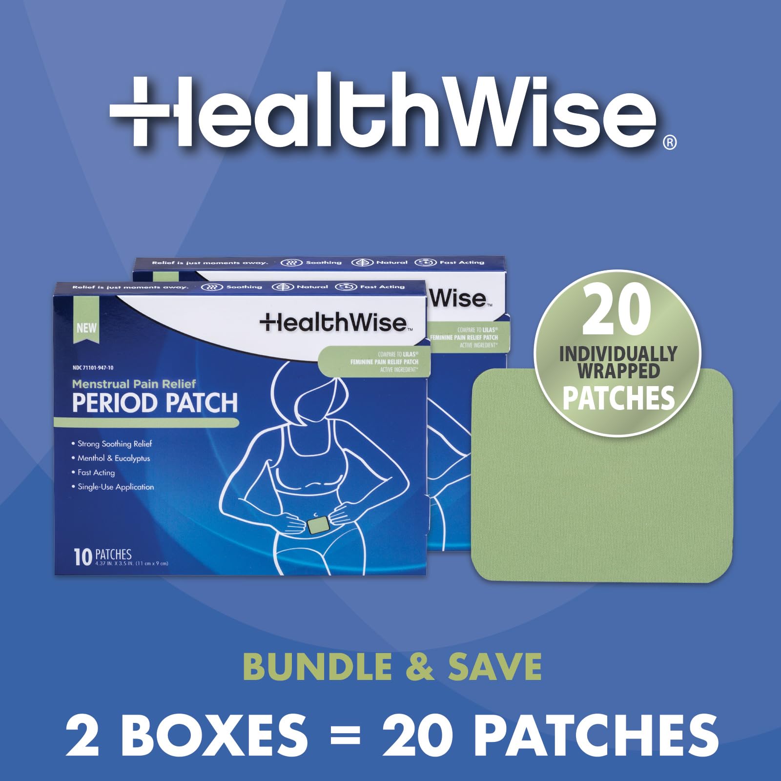 HealthWise Menstrual Pain Relief Bundle | Twenty 10% Menthol + Eucalyptus Period Patches | Generous XL Size Patch | Natural, Therapeutic Care at Home HealthWise buy supplements canada