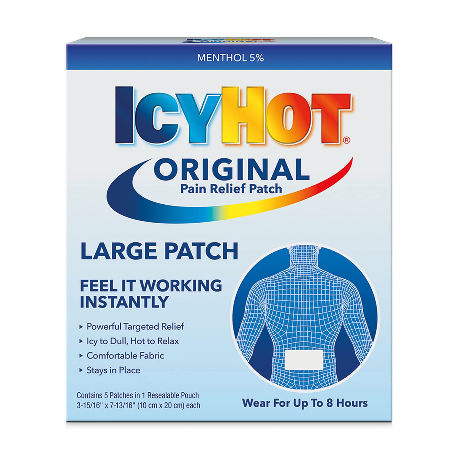 Icy Hot Original Pain Relief Patch, Large Size Comfortable Fabric Patches with Menthol 5%, Ice and Heat Contrast Therapy for Backaches, Joints, Muscle Strains and Arthritis, 5 ct. Icy Hot buy supplements canada