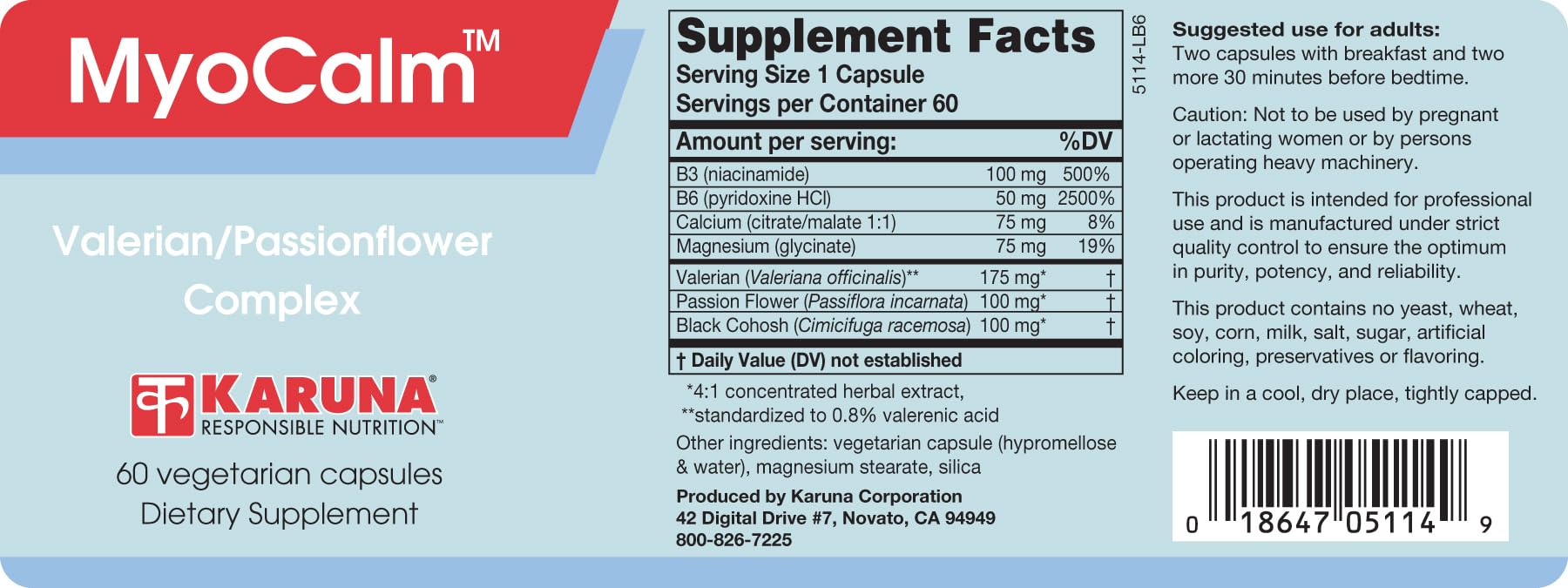 MyoCalm 60 Vegetarian Capsules | Valerian 175mg, Passion Flower 100mg, Black Cohosh 100mg, Calcium 75mg, Magnesium 75mg, b3(niacinamide), b6(Pyridoxine HCI) Karuna buy supplements canada