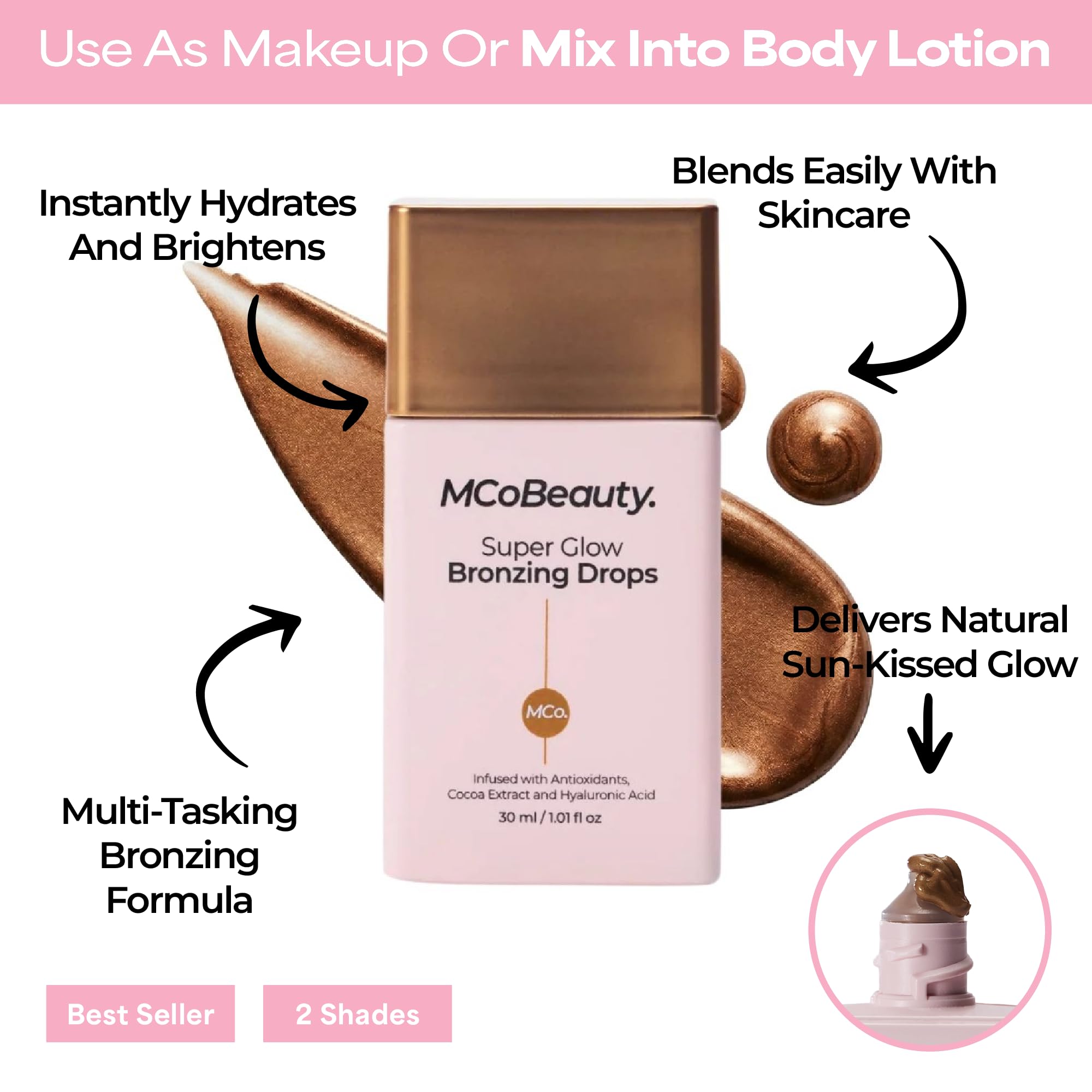 MCoBeauty - Super Glow Bronzing Drops - Effortless Face Tan with Shimmer Formula - Face Care, Bronze Drops - Contains Hyaluronic Acid, White Tea Extract, Cocoa Extract and More MCoBeauty buy supplements canada
