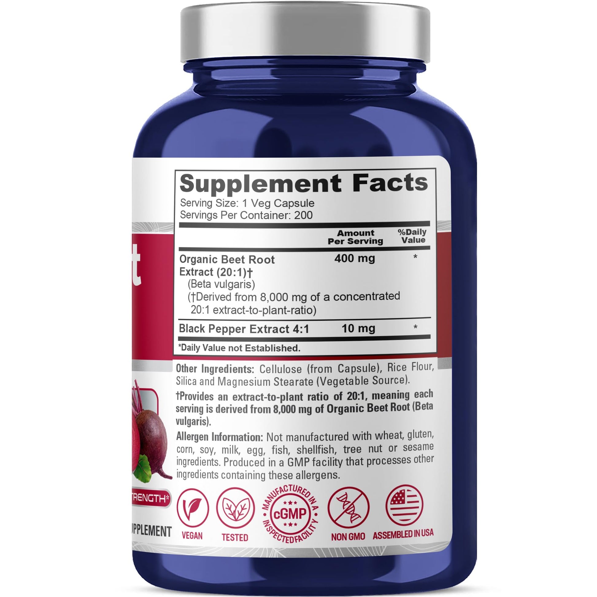 NusaPure Organic Beet Root 20:1 Extract, 400 mg Equivalent to 8,000 mg - Black Pepper 4:1 Extract, 10 mg - 200 Veggie caps (Vegan, Non-GMO) NusaPure buy supplements canada