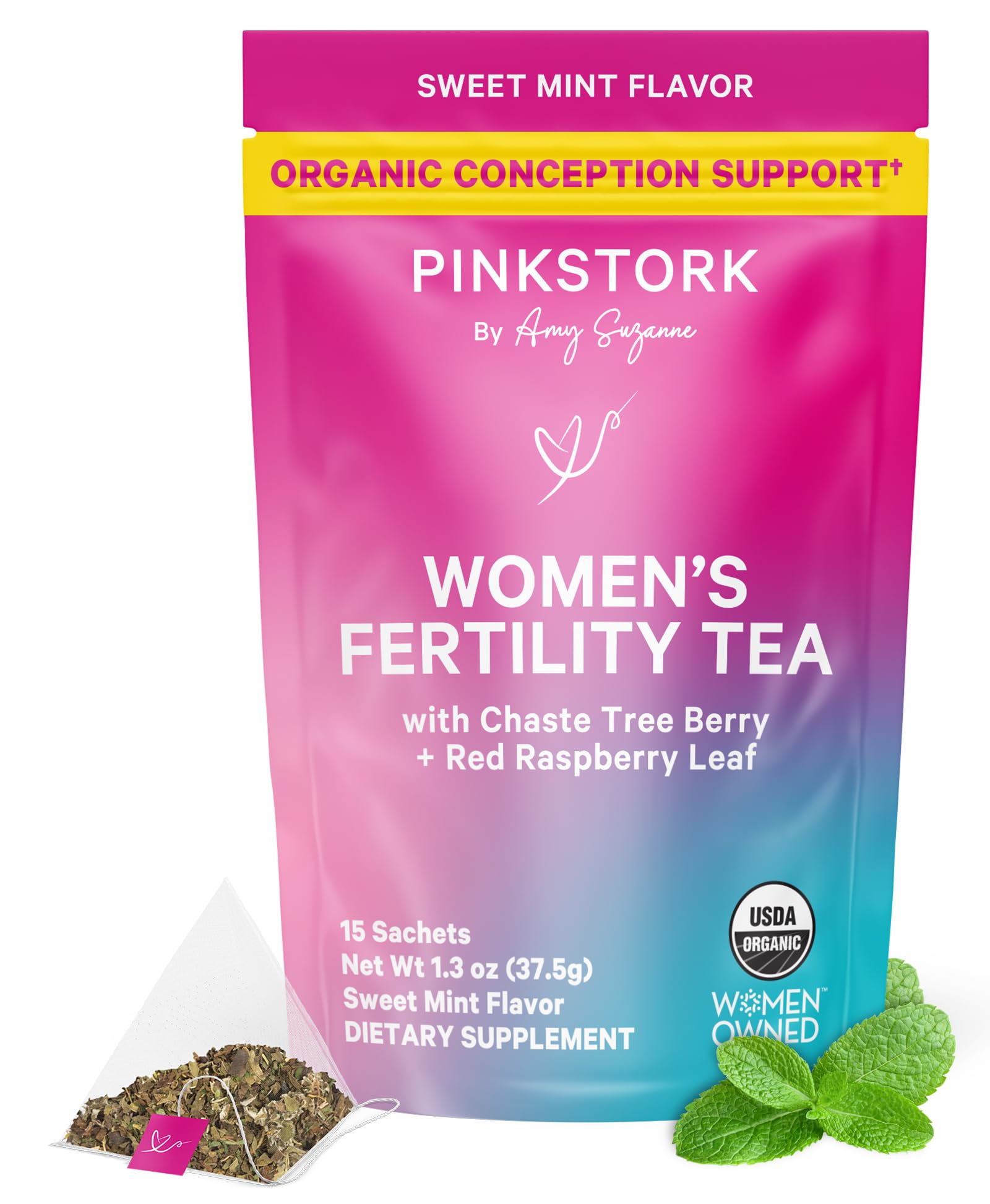 Pink Stork Organic Fertility Tea for Women | Fertility Supplements for Women with Chaste Tree Berry (Vitex) + Red Raspberry Leaf | Hormone Balance Herbal Tea for Conception Support | USDA Organic, Caffeine Free - Sweet Mint, 15 Sachets Pink Stork buy supplements canada