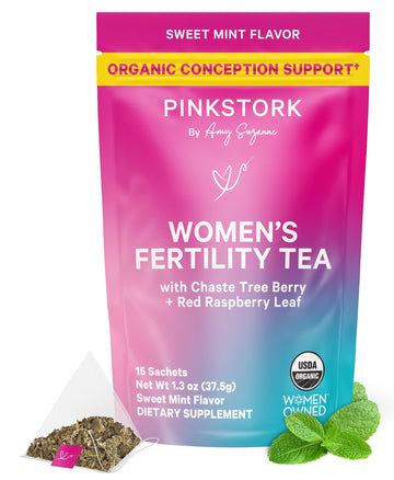 Pink Stork Organic Fertility Tea for Women | Fertility Supplements for Women with Chaste Tree Berry (Vitex) + Red Raspberry Leaf | Hormone Balance Herbal Tea for Conception Support | USDA Organic, Caffeine Free - Sweet Mint, 15 Sachets Pink Stork buy supplements canada