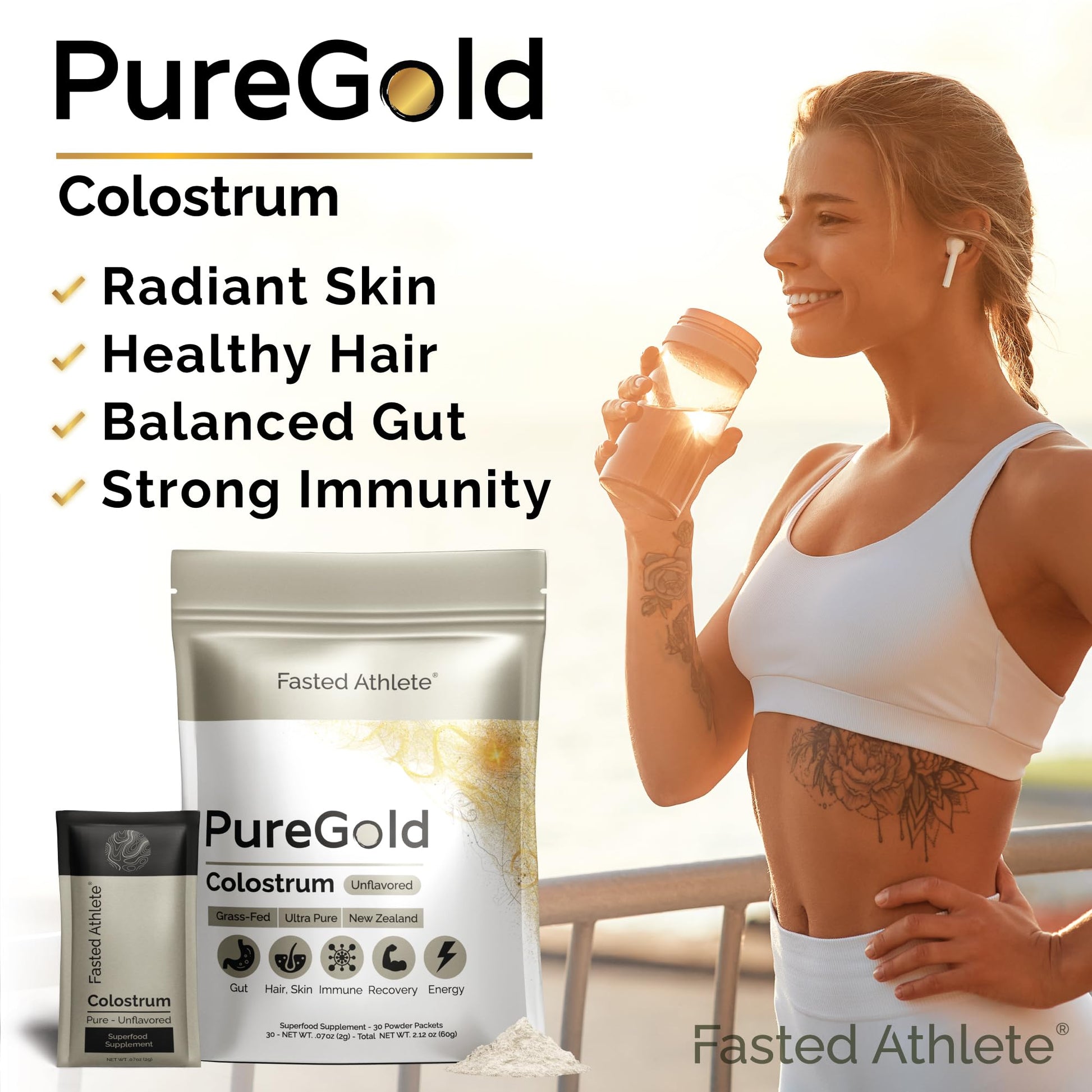 PureGold - Bovine Colostrum Powder - 100% Pure New Zealand Grass Fed, Supports Gut Health, Skin, Hair, & Immunity – Colostrum Supplement, Unflavored, 30 Travel Packets Fasted Athlete buy supplements canada