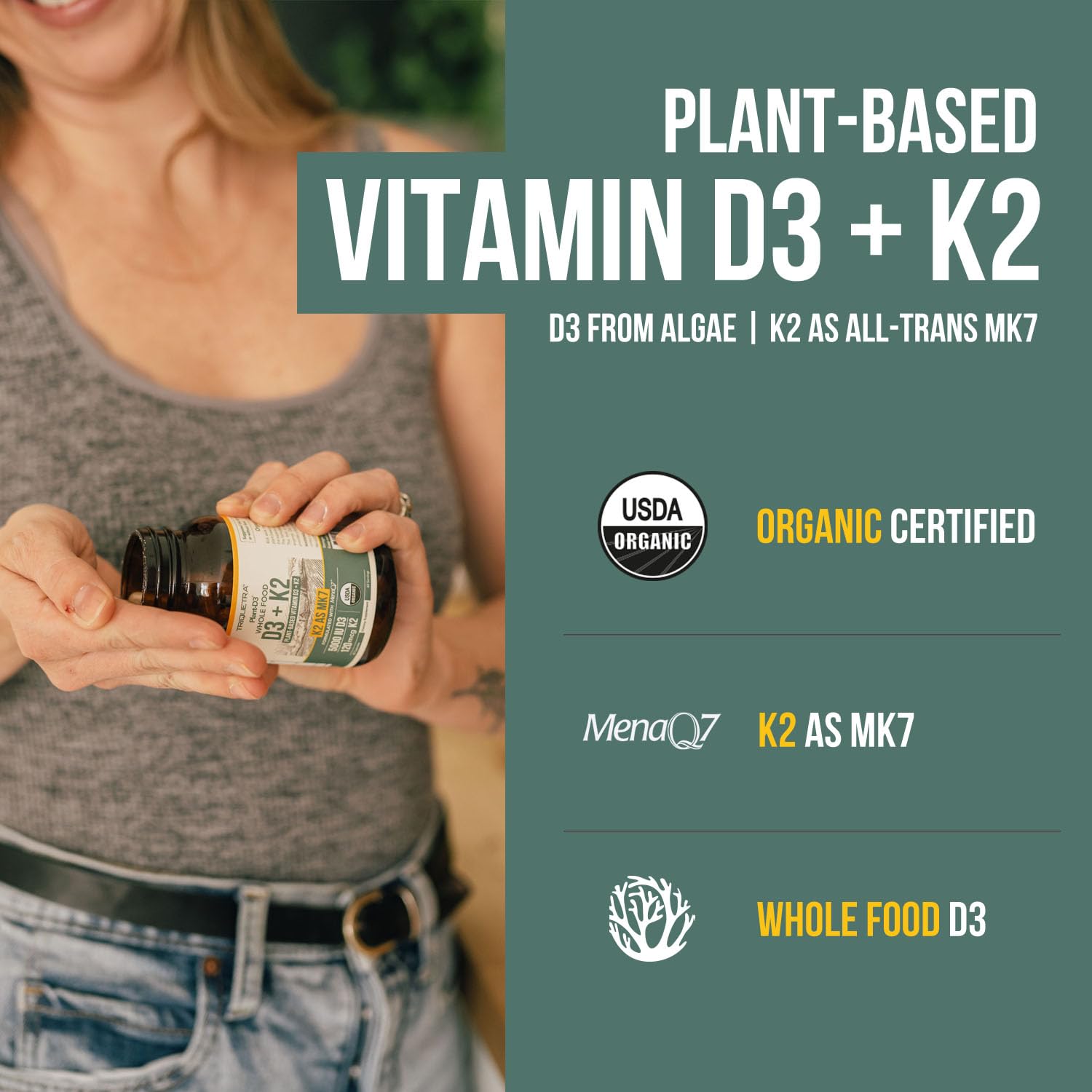 Organic Plant D3 + K2 | 5000 iu D3 + 120 mcg K2 as All-Trans MK7 from MenaQ7® - 100% Whole Food, Raw & Vegan | Enhanced Digestion with Prebiotic Triquetra Health buy supplements canada