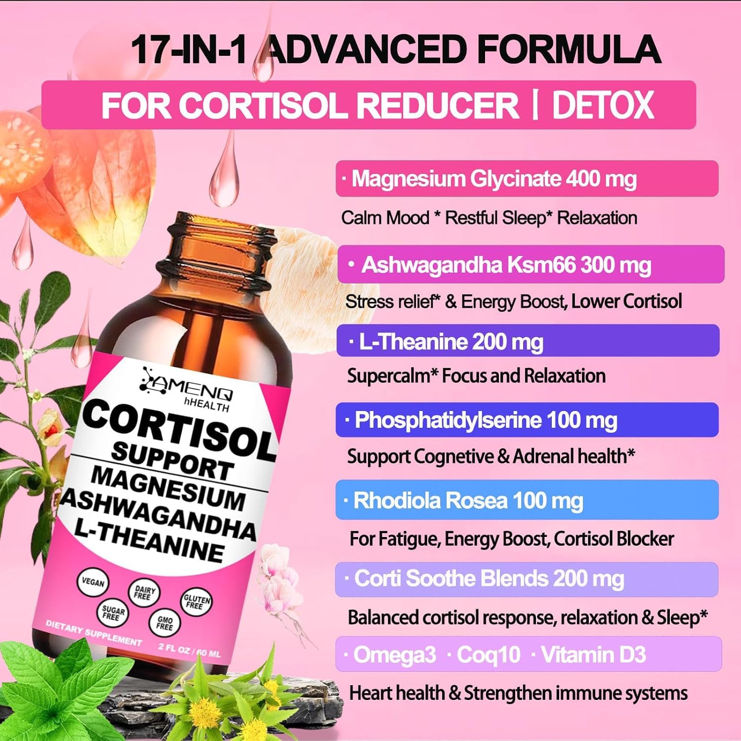 Cortisol Supplement Liquid Drops, 17-in-1 Cortisol Reducer w. Ksm-66 Ashwagandha Theanine Rhodiola Rosea Magnesium Phosphatidylserine, Hormone Balanced & Lower Cortisol for Women Calm* Relaxation AMENQ hHEALTH buy supplements canada