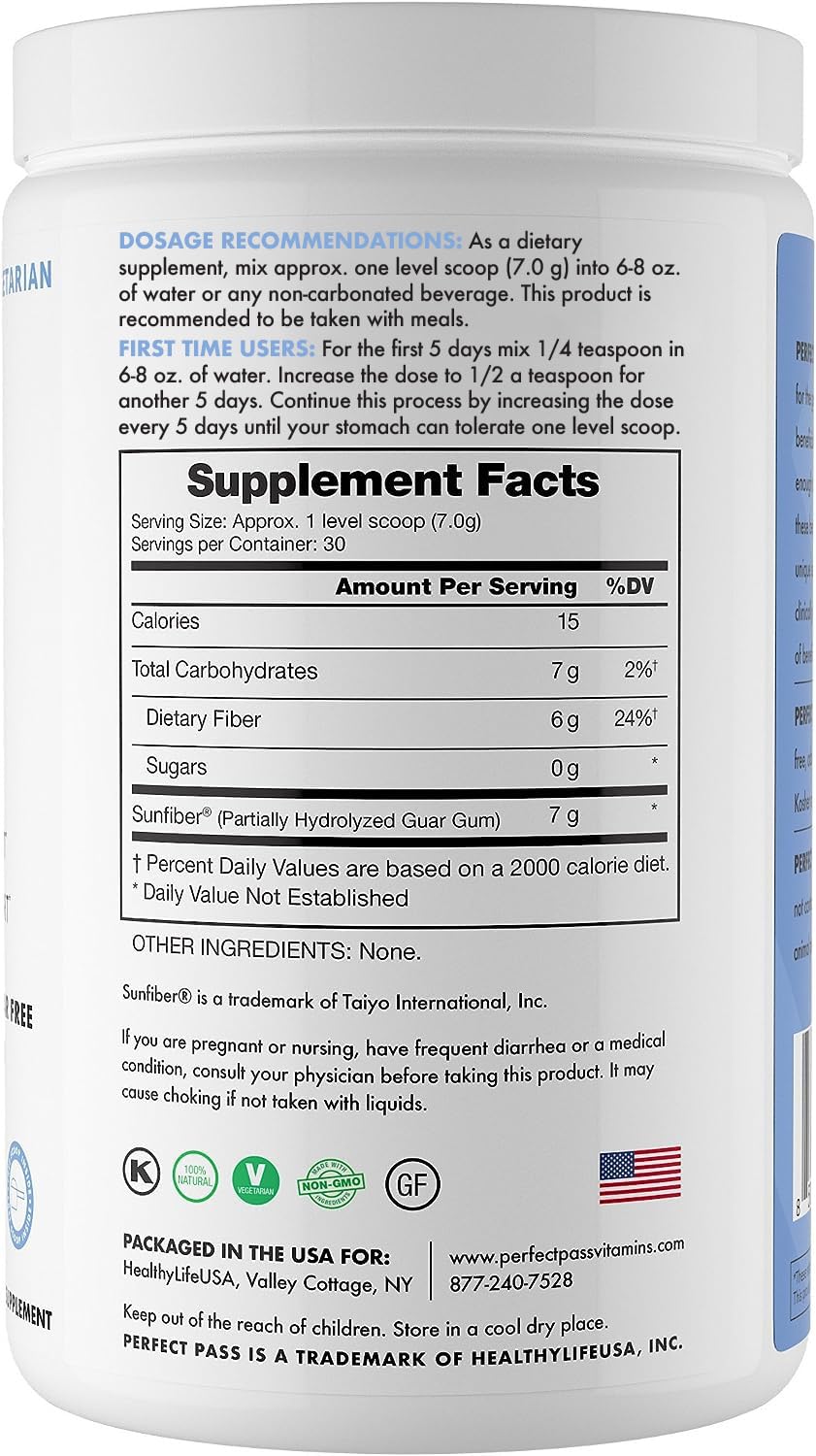 PERFECT PASS Prebiotic PHGG Partially Hydrolyzed Guar Gum 210g Powder - 100% Natural Gluten Free Non GMO - Certified Kosher Vegetarian Sugar Free PERFECT PASS buy supplements canada