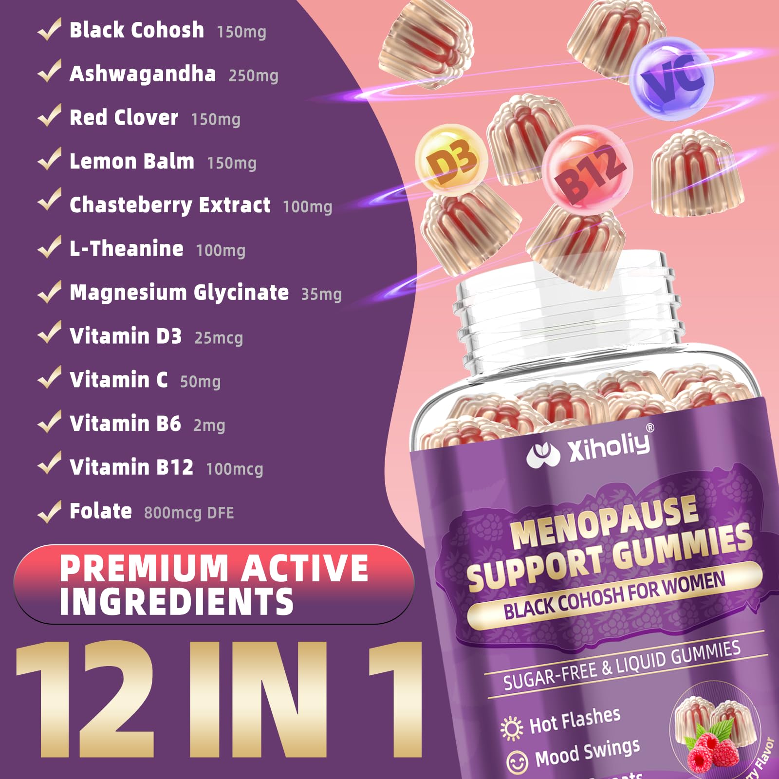 Menopause Supplements for Women with Black Cohosh, Menopause Relief Sugar Free Gummies for Hot Flashes, Natural Female Hormone Balance & Ashwagandha, Magnesium for Night Sweats, Mood Swings, 60 Count XIHOLIY buy supplements canada