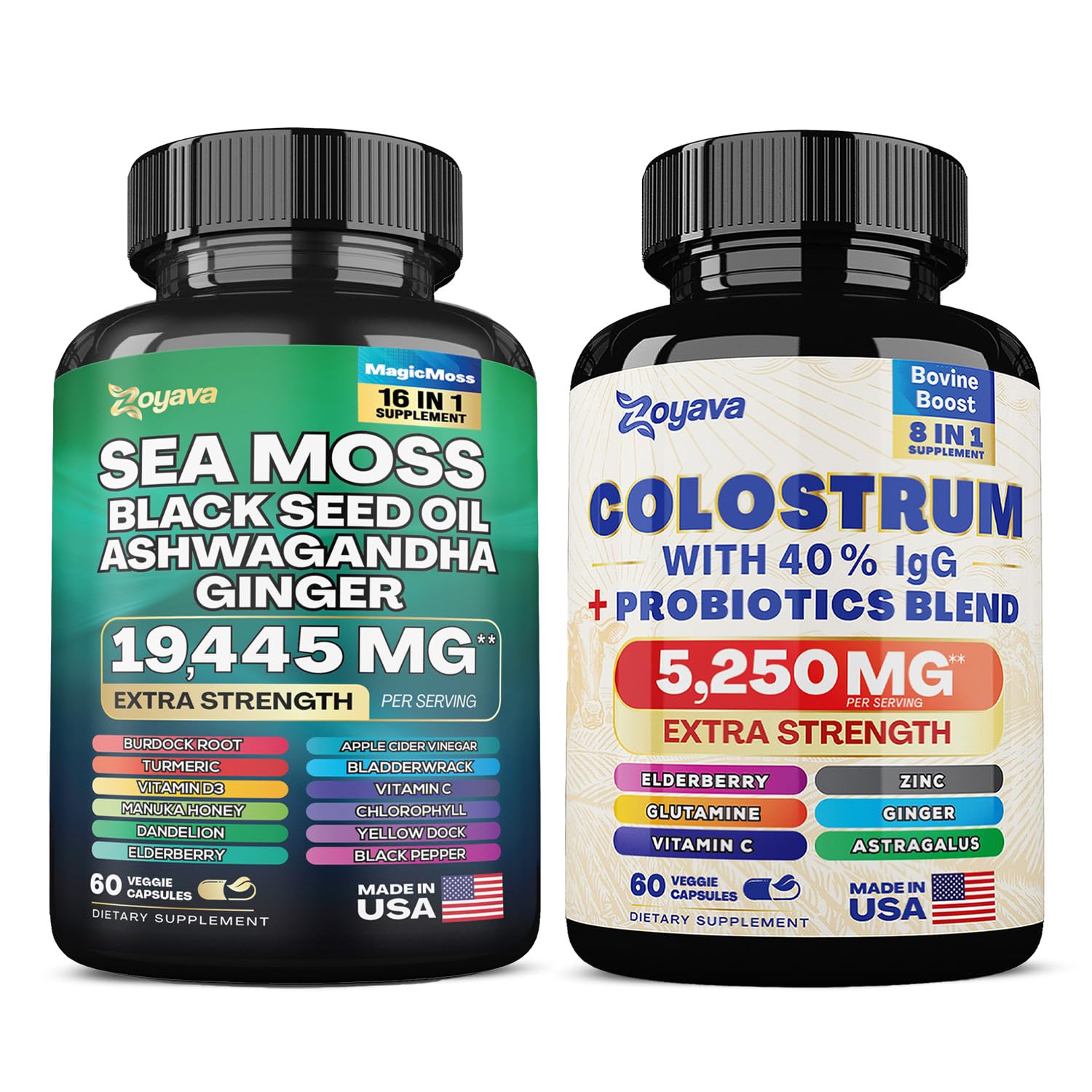 Zoyava Sea Moss 16-in-1 Blend 19,445 MG (60 Caps) and Colostrum 8-in-1 5,250 MG Zoyava buy supplements canada