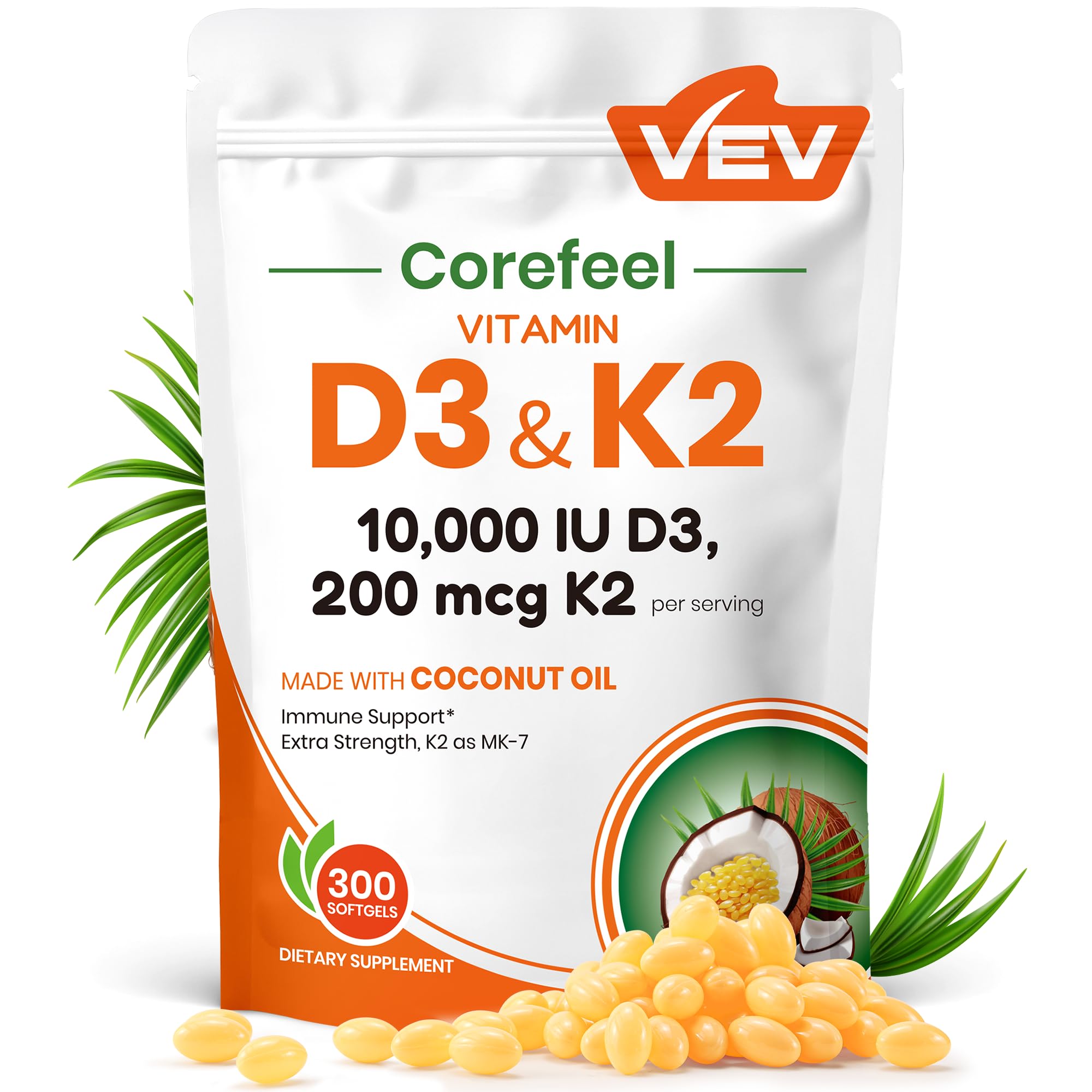 VEV Corefeel Vitamin D3 K2 10,000 IU, 200 mcg MK-7, 300 Coconut Oil Softgels, 2 in 1 Vitamins Supplement D & K (Include MK7), Easy to Swallow VEV buy supplements canada