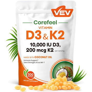 VEV Corefeel Vitamin D3 K2 10,000 IU, 200 mcg MK-7, 300 Coconut Oil Softgels, 2 in 1 Vitamins Supplement D & K (Include MK7), Easy to Swallow VEV buy supplements canada