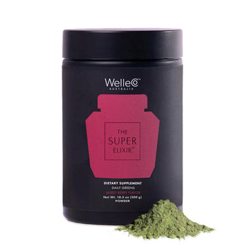 WelleCo The Super Elixir Daily Greens Powder, Probiotic Drink Mix with Whole Foods, Gluten Free, Vegan Gut Health Powder, Energy, Immunity, Healthy Skin, Hair & Nails (300g, Mixed Berry) WelleCo buy supplements canada
