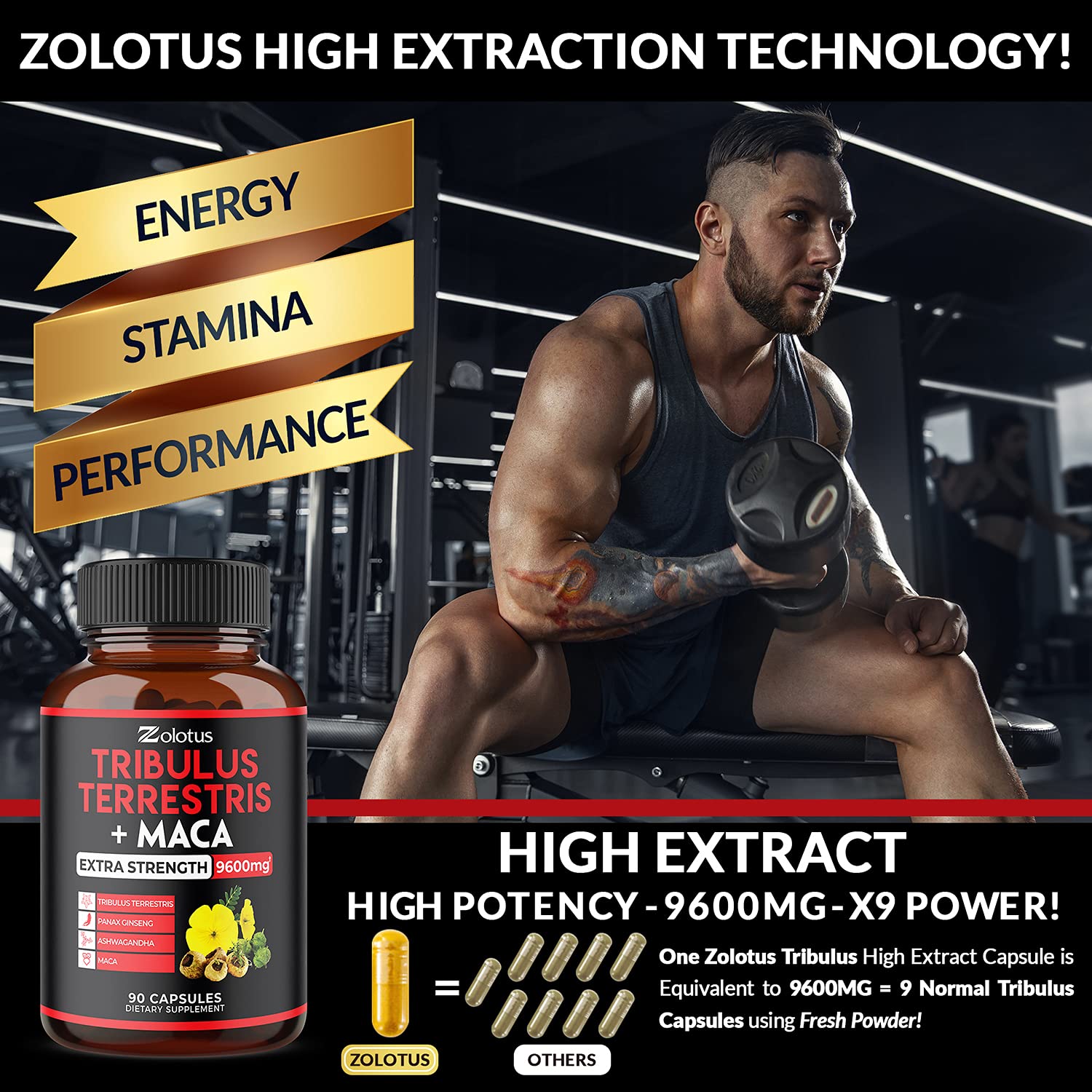 Zolotus Premium Tribulus Terrestris Capsules - 9600mg Per Serving - Combined Zolotus buy supplements canada