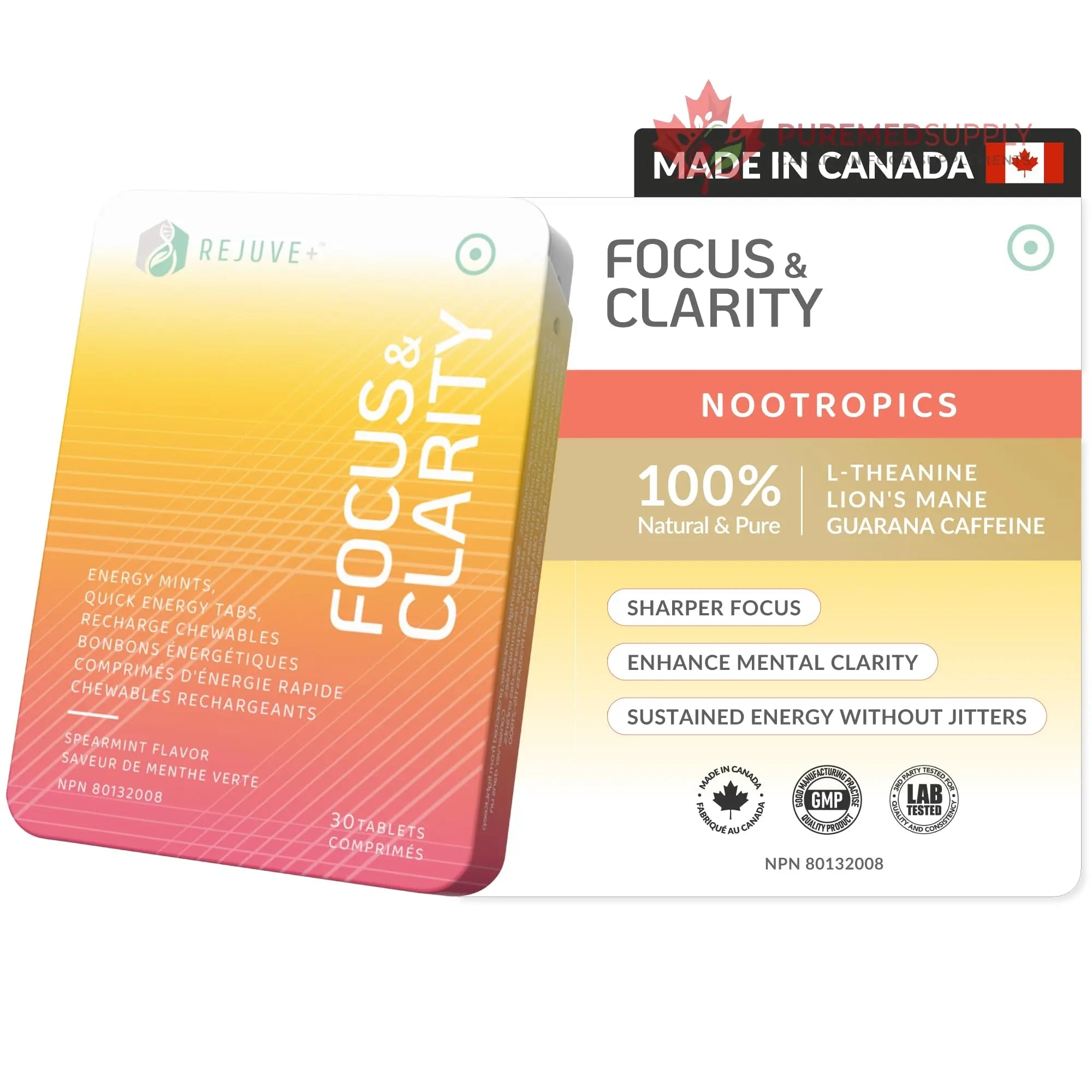 REJUVE+ Focus & Clarity Nootropic Supplement – Brian Boost | L-Theanine, Caffeine, Lion’s Mane, Magnesium, Vitamin B6 & B12 | Brain Support, Memory, Focus & Energy | Mint Flavor (30 Chewables) (1) REJUVE+ buy supplements canada