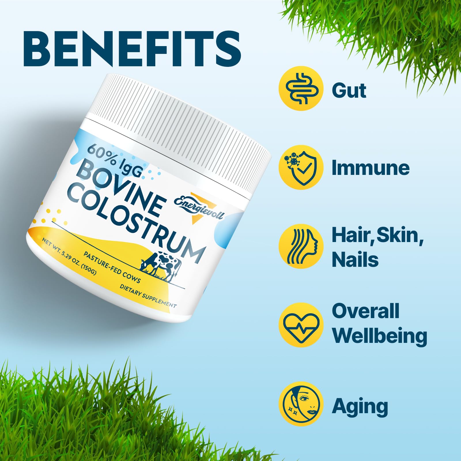 Energievoll Bovine Colostrum Supplement Powder - 60% IgG 3000 mg for Gut, Hair Growth, Beauty, and Immune, Easy to Mix, Unflavored (50 Servings) Energievoll buy supplements canada