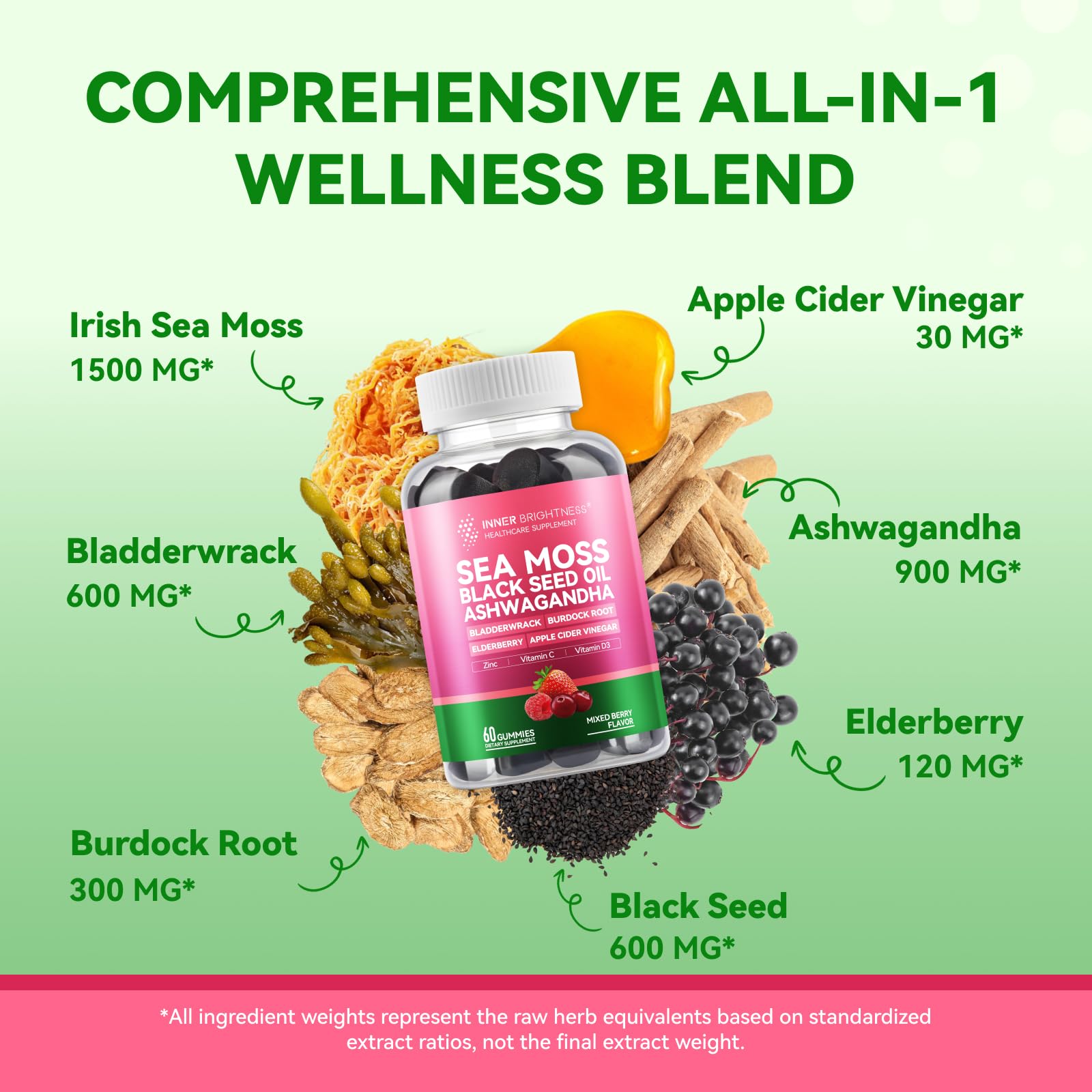 Inner Brightness Sea Moss 4000mg Gummies with Ashwagandha, Elderberry, Apple Cider Vinegar, Bladderwrack, Burdock Root – Immune Support – Mixed Berry Flavor – 60 Count Inner Brightness buy supplements canada