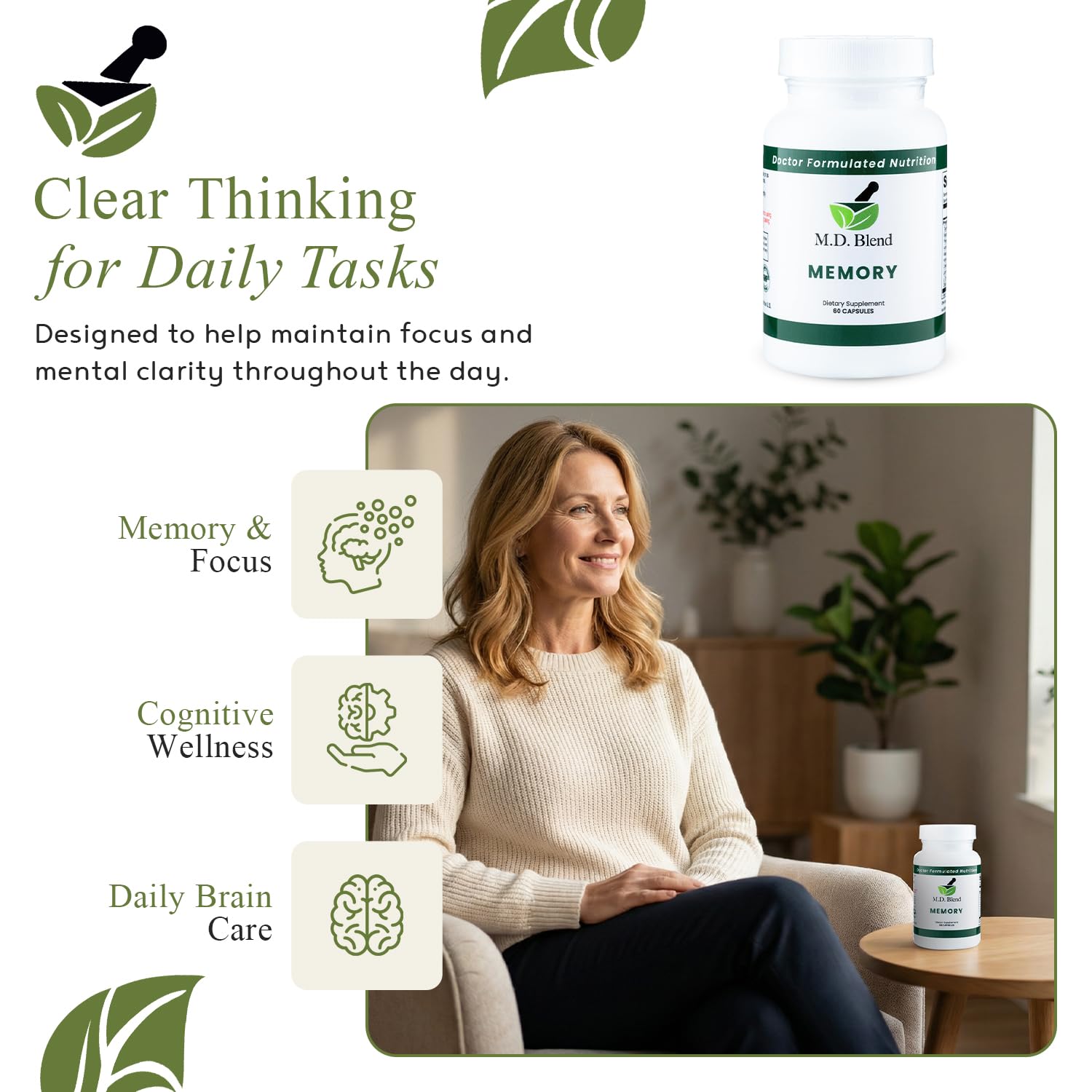 M.D. Blend Brain Support for Memory and Focus - Brain Supplement for Memory & Neural Function - Premium L-Tyrosine, Phosphatidylserine, Bacopa Monnieri Focus Supplement, 30 Capsules (Pack of 1) M.D. Blend buy supplements canada