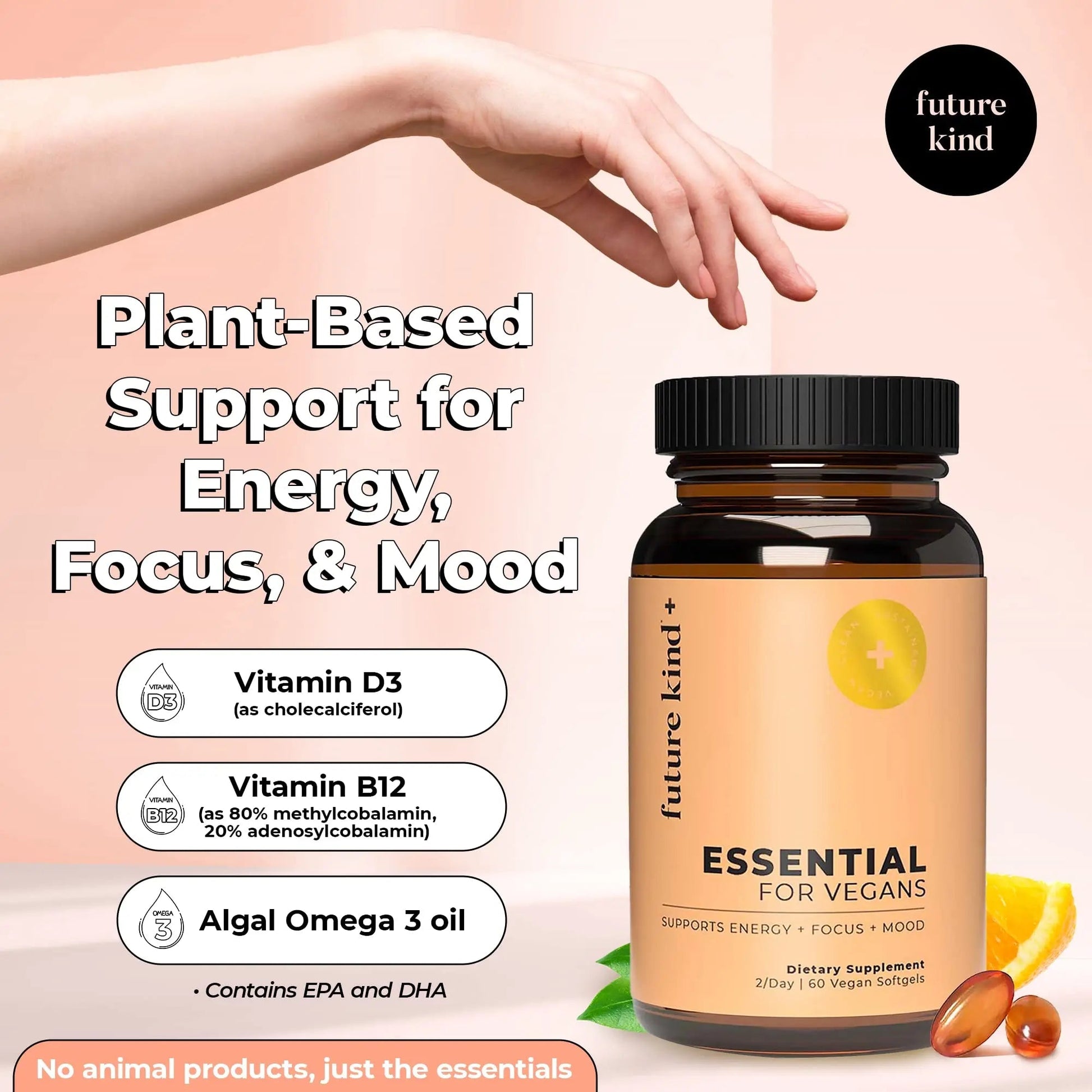 Future Kind Vegan Multivitamins - Glass Bottle & Made for Vegans with Omega 3 DHA, EPA, Vitamin B12 & D3 for Energy, Focus, & Mood (60 Softgels) Future Kind buy supplements canada
