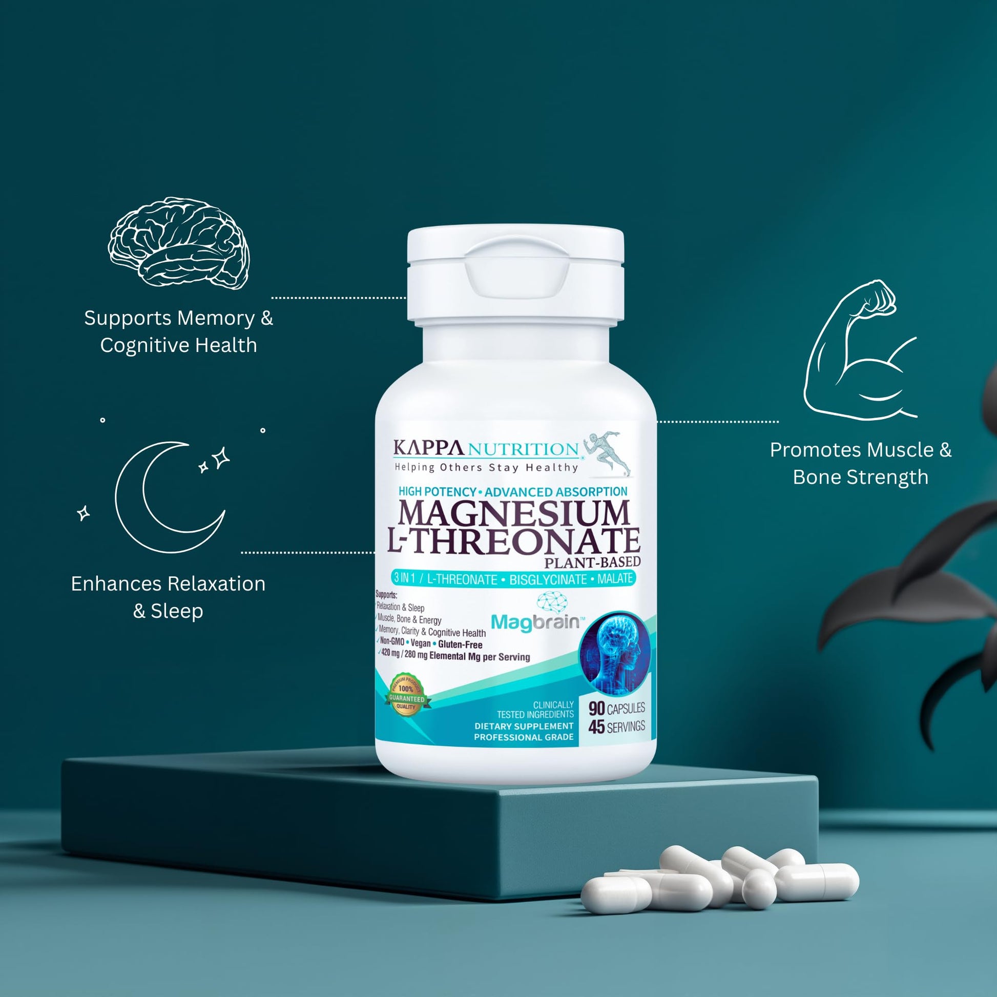 Kappa Nutrition Powered by Magbrain™ Magnesium L-Threonate Plant-Based, 90 Vegan Capsules, 420mg Elemental Magnesium (3 Capsules) from 2,253mg, Brain, Sleep & Muscle Support. KAPPA NUTRITION buy supplements canada