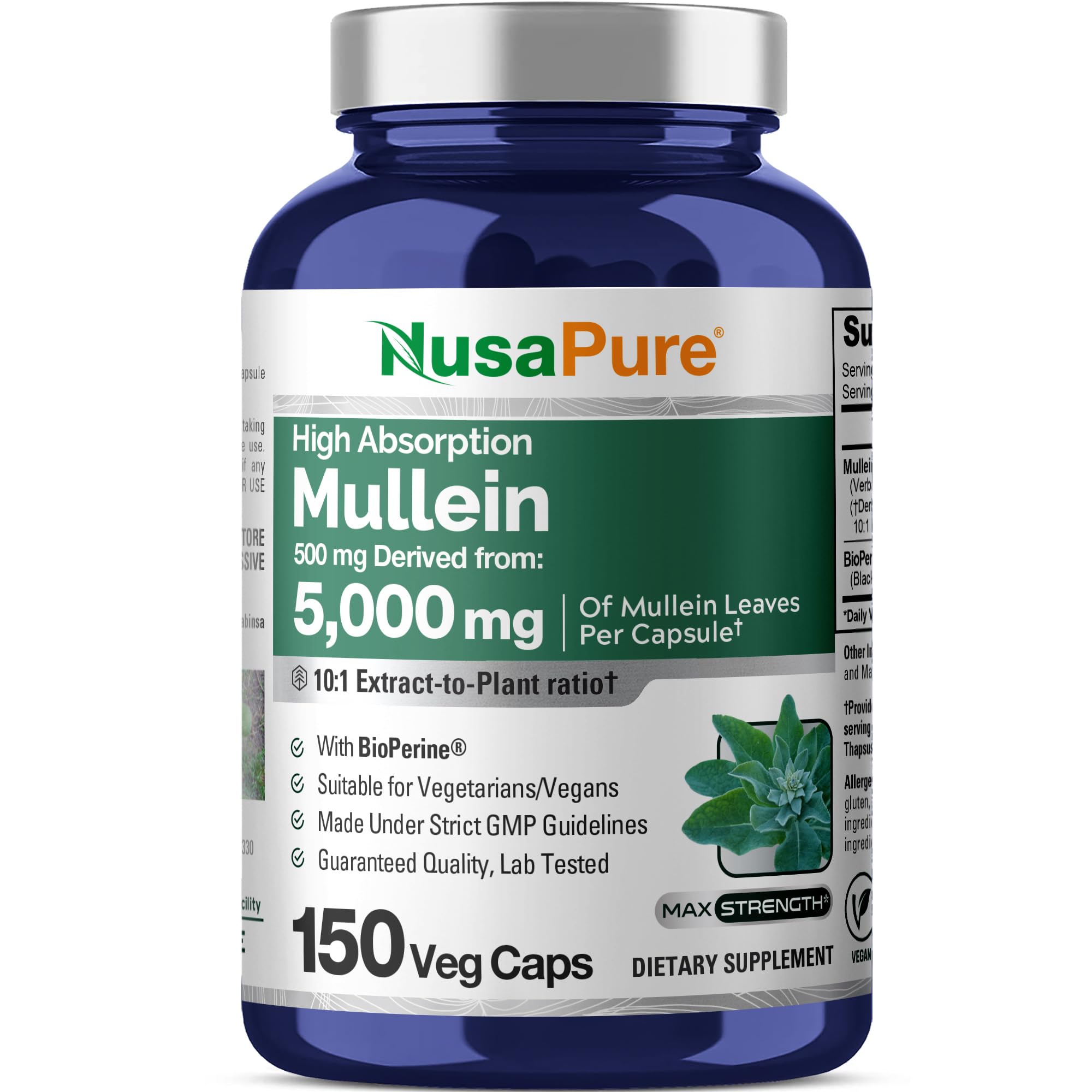 NusaPure Mullein Leaf Capsules 10:1 Extract, 500 mg Equivalent to 5,000 mg per Veggie Caps - 150 Count - Verbascum Thapsus (Non-GMO, Vegan) Dietary Supplement NusaPure buy supplements canada