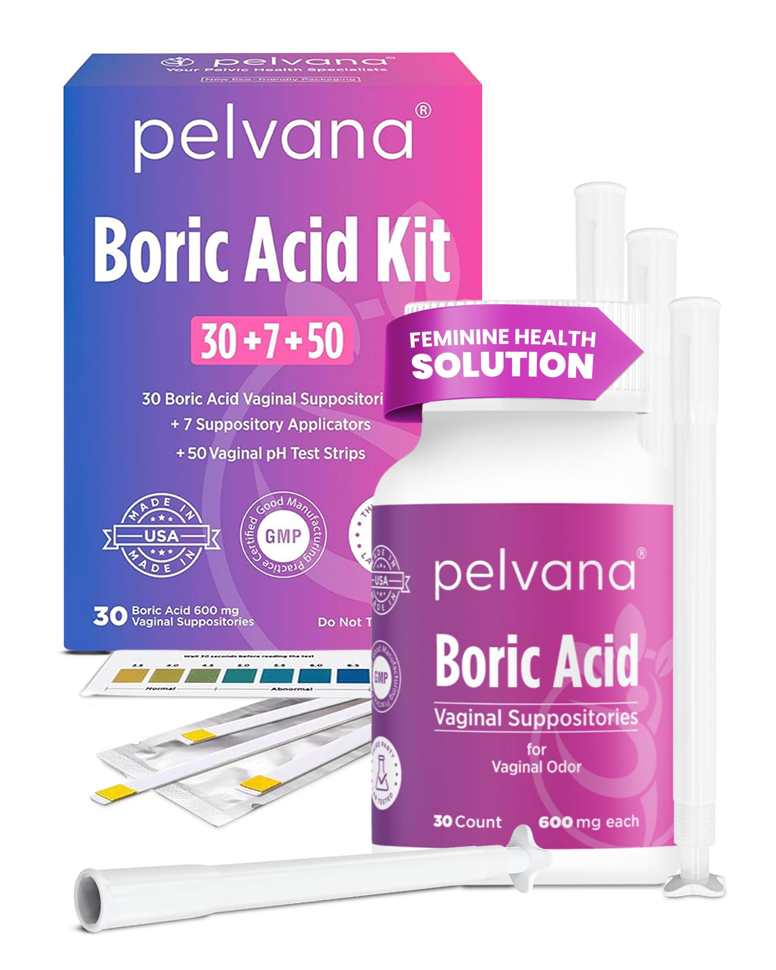 Pelvana Boric Acid Suppositories for Women 30 + 7 Applicators + 50 pH Test Strips, Total of 87 Piece Kit for Vaginal Odor - Third-Party Verified & Bottled in The USA - Feminine Health Odor Solution Pelvana buy supplements canada