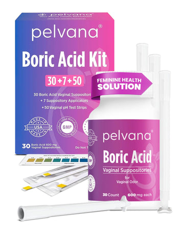 Pelvana Boric Acid Suppositories for Women 30 + 7 Applicators + 50 pH Test Strips, Total of 87 Piece Kit for Vaginal Odor - Third-Party Verified & Bottled in The USA - Feminine Health Odor Solution Pelvana buy supplements canada