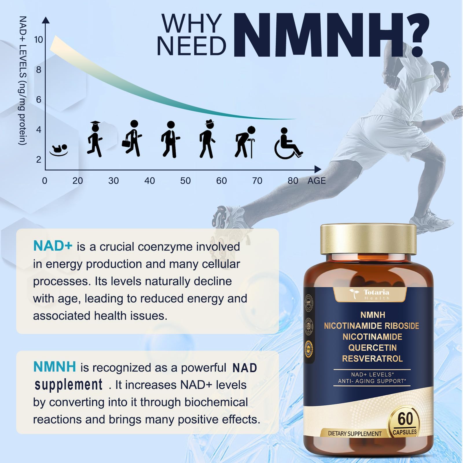 Totaria NMNH (NMN Alternative Supplement) (Dihydronicotinamide Mononucleotide) Ultra Strength, NAD+ Support w/Resveratrol & Quercetin, Ultra Absorption for Anti-Aging, Vegan, 60 Counts Totaria buy supplements canada