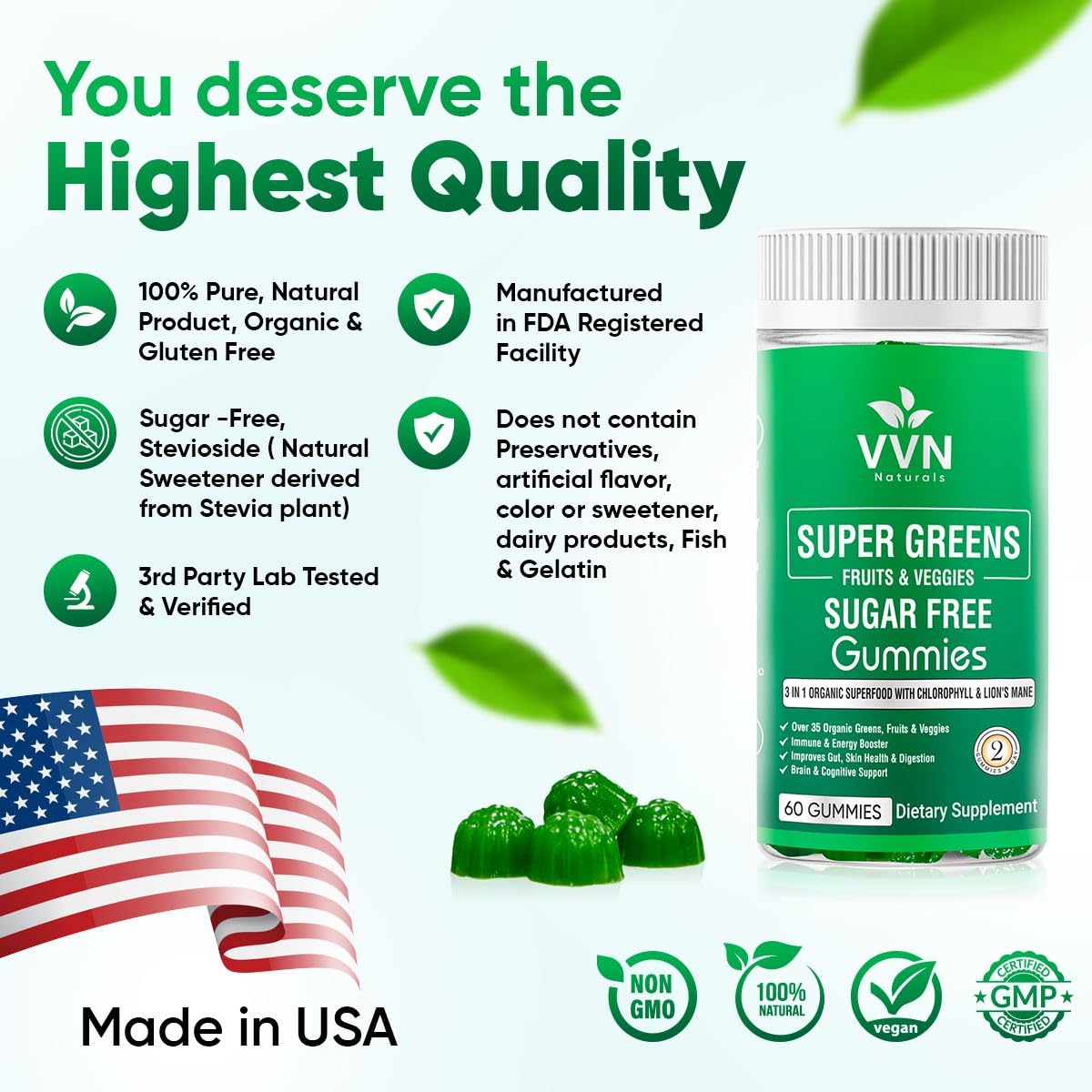 Sugar-Free Real Organic Fruits, Super Greens and Veggies Gummies | 35+ Nutritious & Healthy Greens, Fruits, and Vegetables for Improved Immunity, Skin Health & Energy Boost|60 Vegan Gummies VVN Naturals buy supplements canada