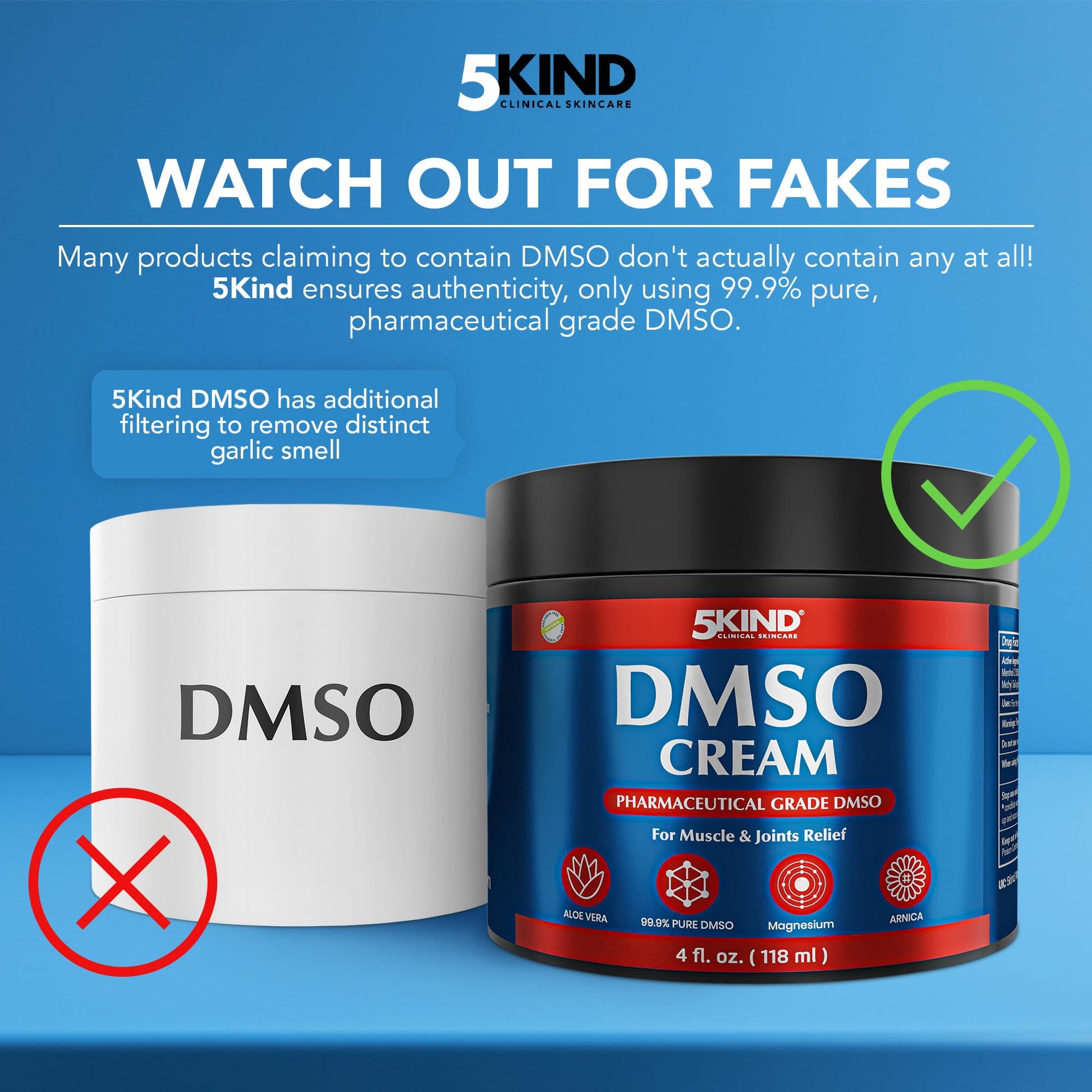 5Kind DMSO Cream for Pain Relief 4 fl oz - 99.9% Pure DMSO Pharmaceutical Grade Cream - Aloe Vera, Magnesium, Arnica & Menthol - Topical Muscle and Joint Pain Relief - Registered NDC - Made in USA 5kind clinical skincare buy supplements canada