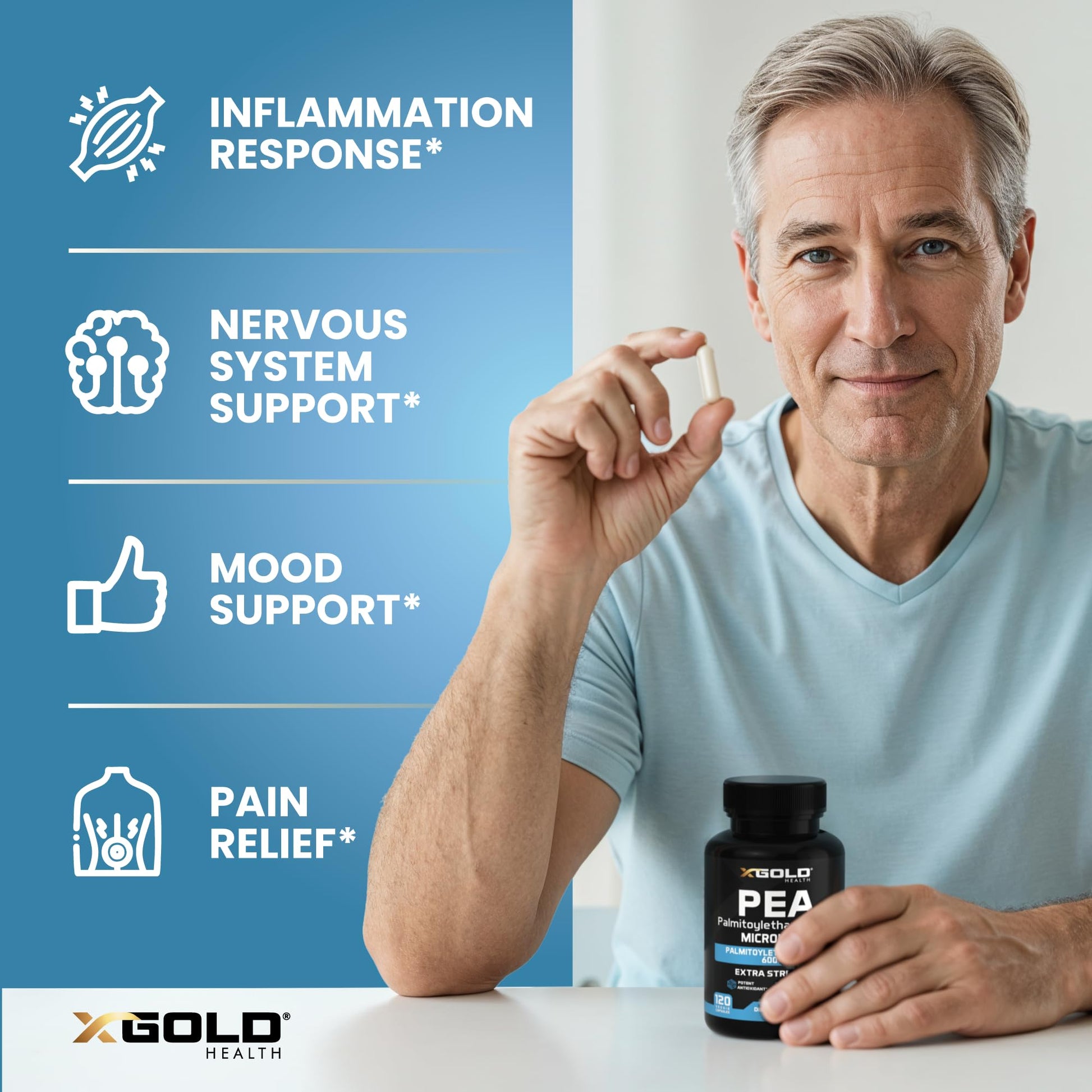 Palmitoylethanolamide Pea Supplement 600 mg | Micronized Pea 99% Highly Purified and Bioavailable | Made in USA | Supplement for Men and Women - 120 Capsules X Gold Health buy supplements canada