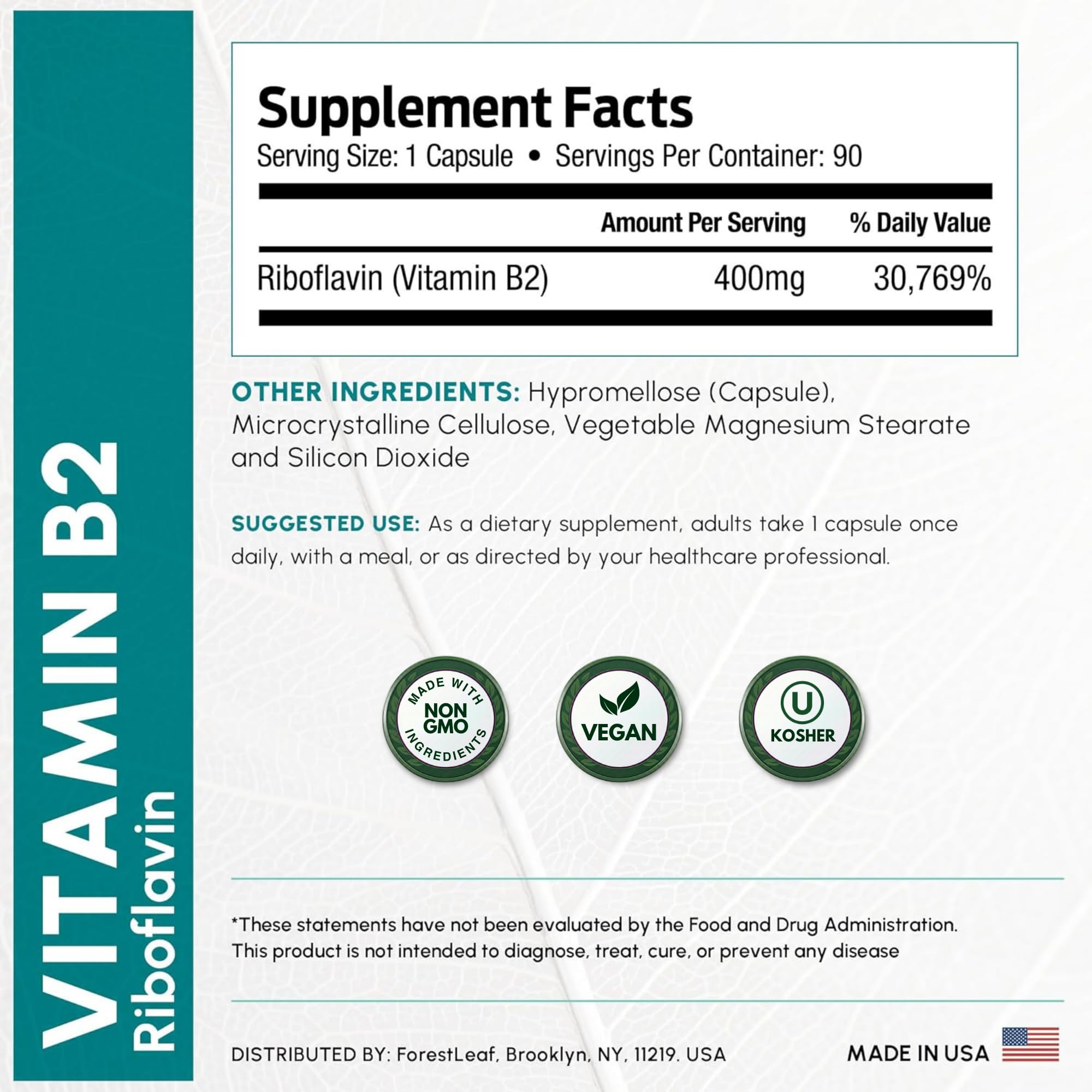 ForestLeaf Vitamin B2 Riboflavin 400mg - Energy, Skin & Cellular Health Supplement - Nervous System Support - Vitamin B 2 VIT B - Non-GMO & Gluten Free ForestLeaf buy supplements canada