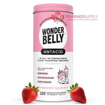 Wonderbelly Antacid, Effective Heartburn and Instant Acid Indigestion Relief, Extra Strength Chewable Tablets, 1000 mg Calcium Carbonate, No Talc or Dye, Strawberry Milkshake, 120 Count Wonderbelly buy supplements canada