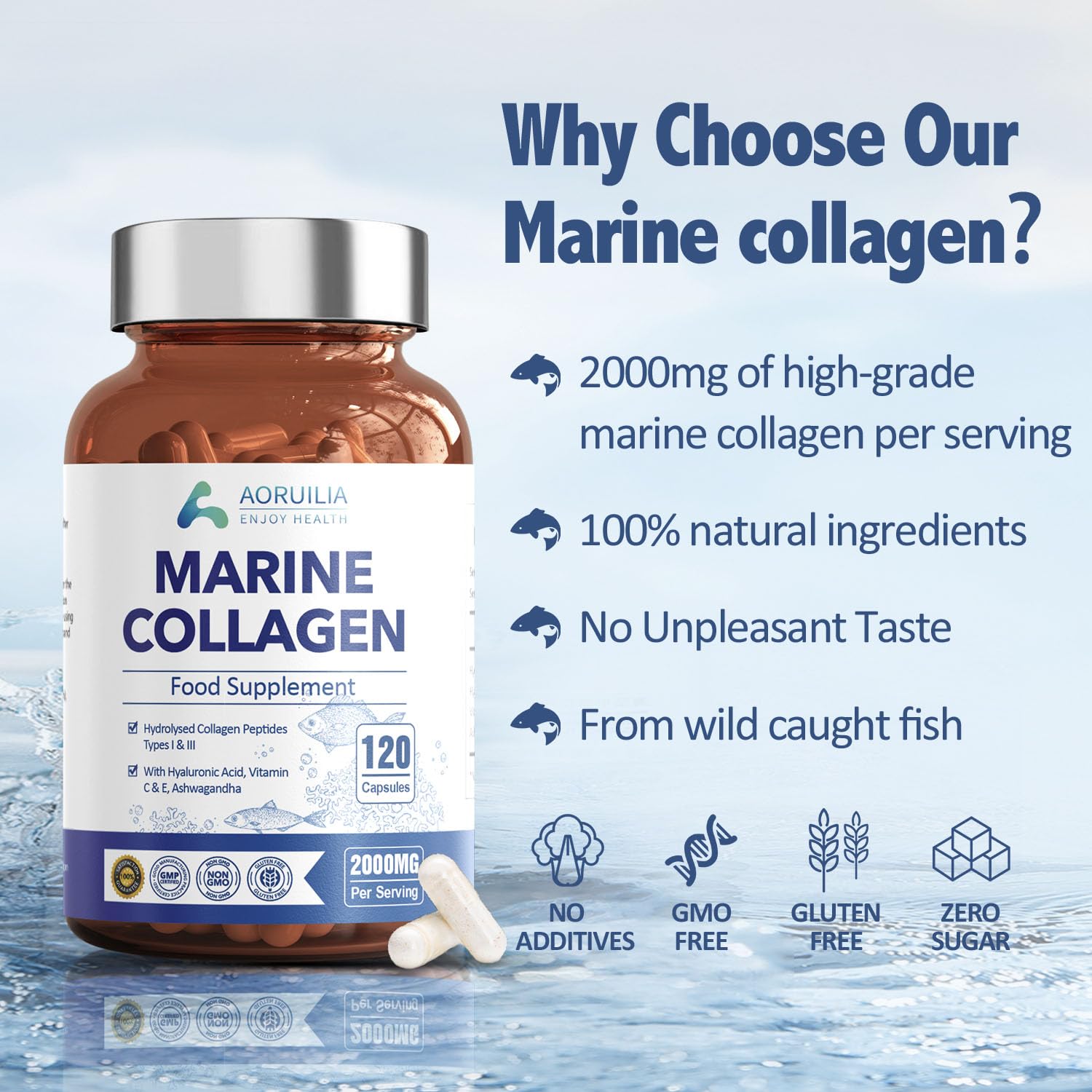 Marine Collagen Supplements for Women Men 2000mg 120 Capsules Hyaluronic Acid, Vitamin C, Vitamin E, & Ashwagandha Aoruilia buy supplements canada