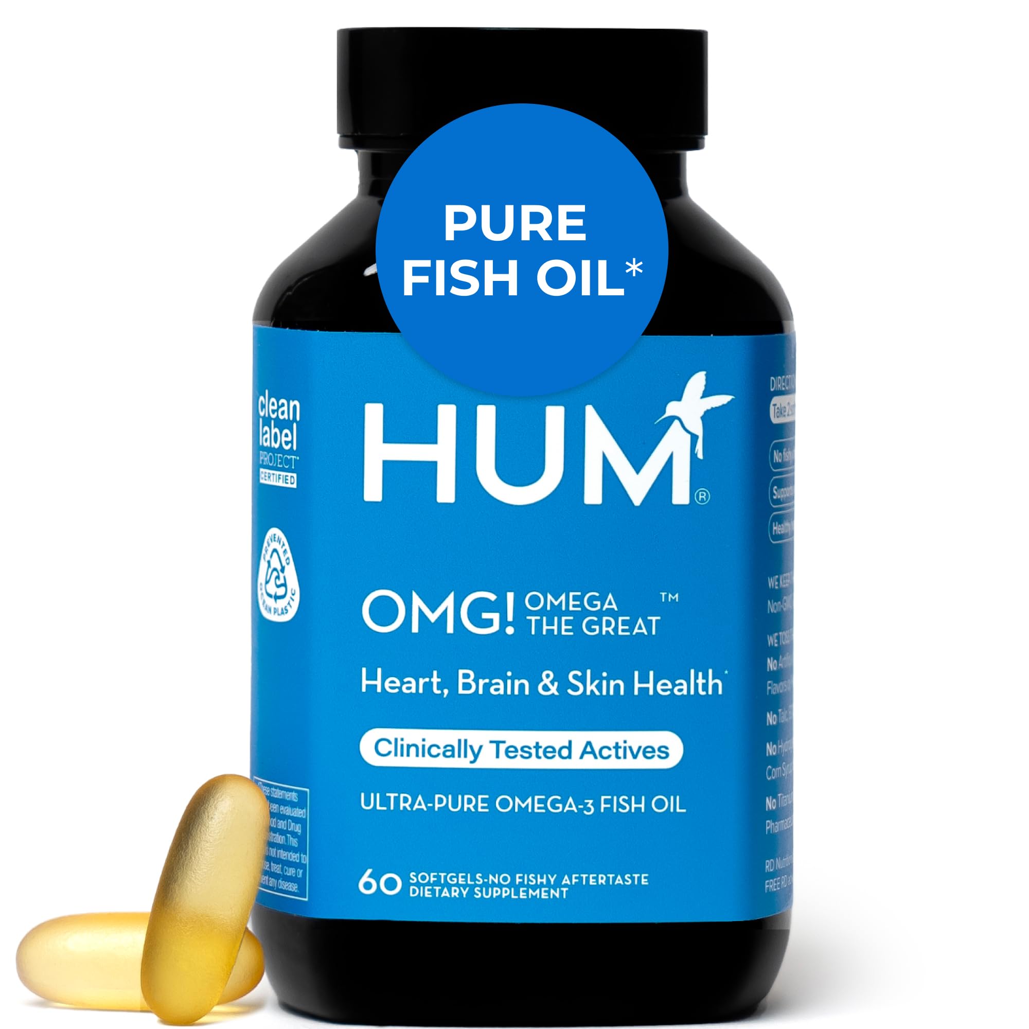 HUM OMG! Omega The Great Triple Omega 3 Fish Oil Supplement for Women & Men with Vitamin E, DHA & EPA, Skin Care & Skin Tone Support for Heart & Brain Health, Gluten Free, Non GMO, 60 Softgels HUM buy supplements canada