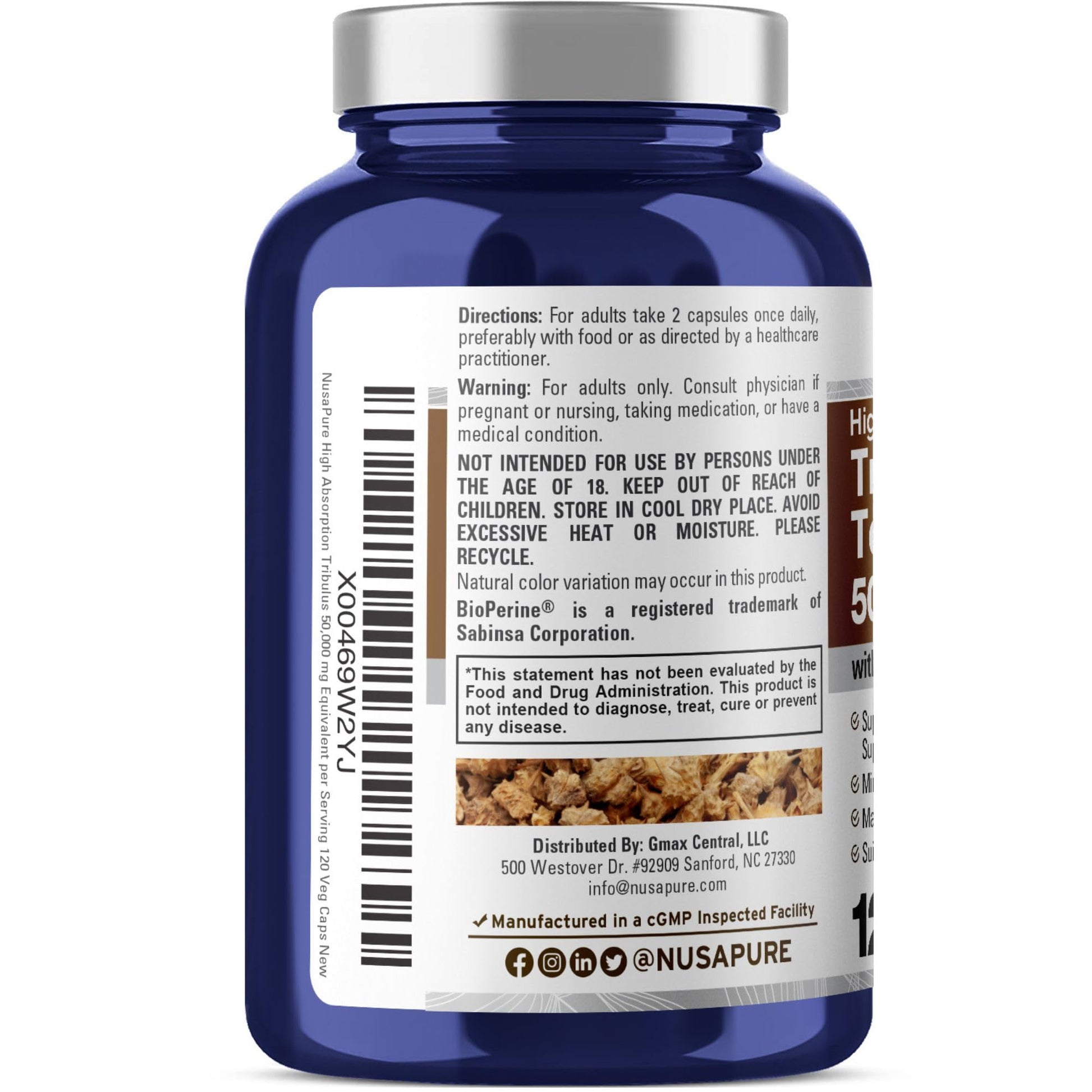 NusaPure Tribulus Terrestris 50:1 Extract, 1000 mg Equivalent to 50,000mg| 120 Veggie Caps | 95% Steroidal Saponins | Non-GMO, Bioperine & Vegan NusaPure buy supplements canada