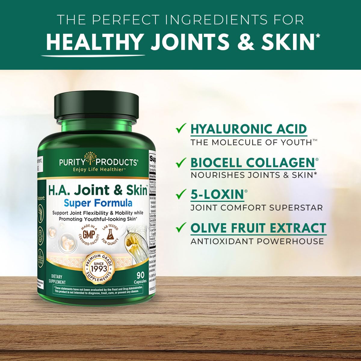 Purity Products H.A. Joint and Skin Super Formula Biocell Collagen w/Hyaluronic Acid Supports Healthy Joint Flexibility, Healthy Synovial Fluid, and Lubrication - 5-Loxin - 90 Capsules (1) Purity Products buy supplements canada
