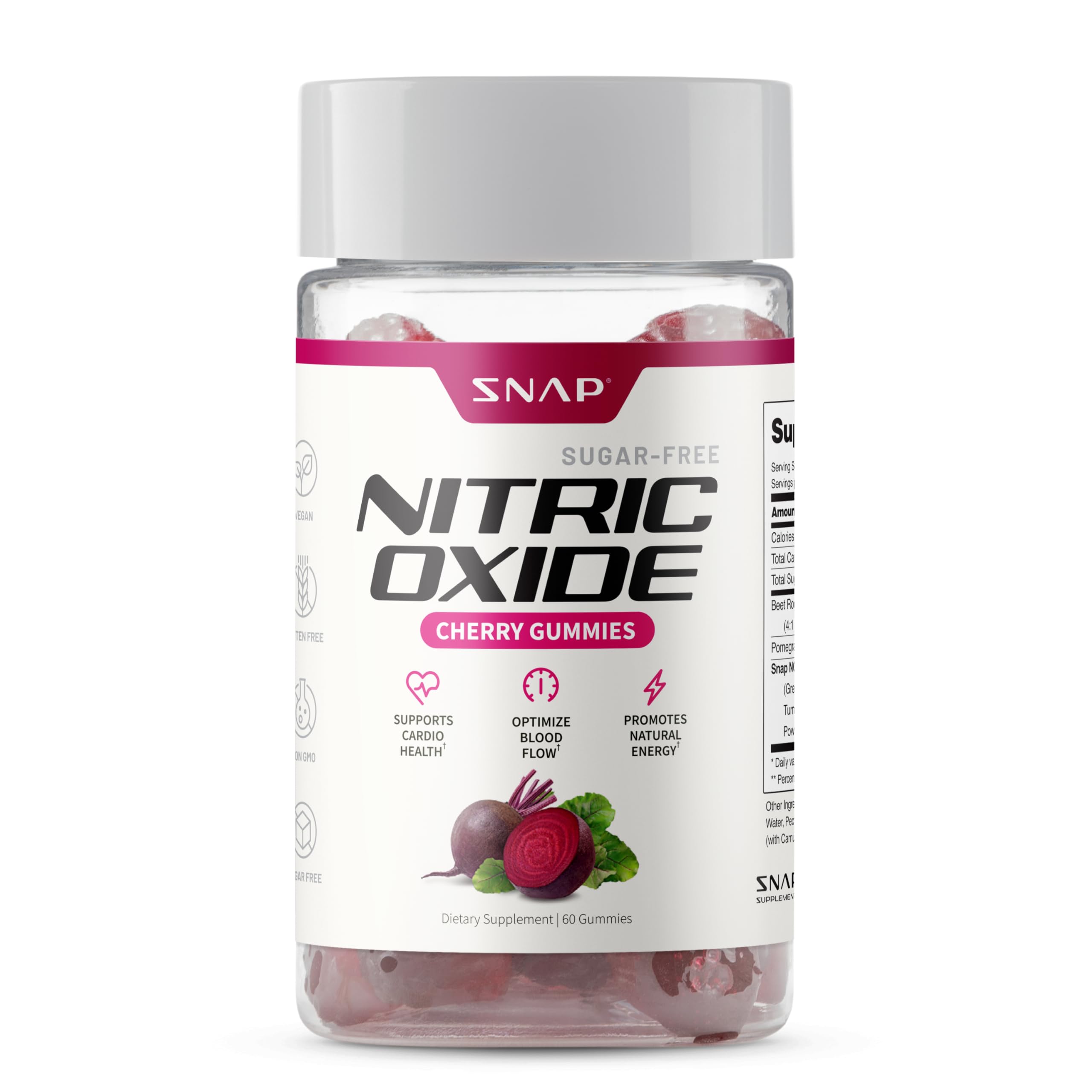 Snap Supplements Nitric Oxide Gummies - Beet Root Extract 300mg, Sugar Free Beetroot Supplement with Pomegranate Powder for Circulation & Natural Energy, 60 Vegan Gummies, Cherry Flavor Snap Supplements buy supplements canada