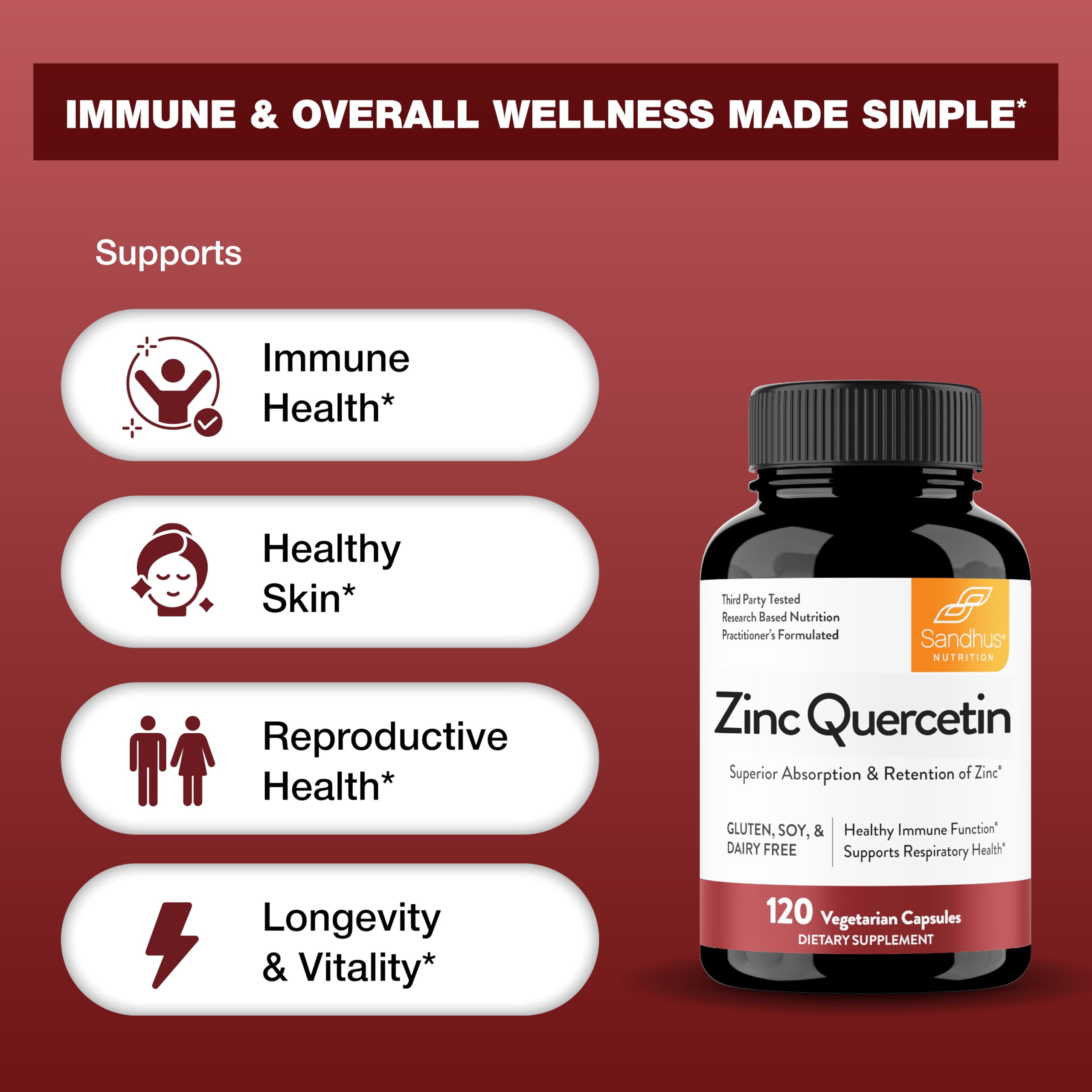 Sandhu's Zinc Quercetin 120 Vegetarian Capsules (Pack of 1) | High Absorption Zink Supplements for Immunity and Seasonal Allergy | Antioxidant Immune Support Sandhu's buy supplements canada