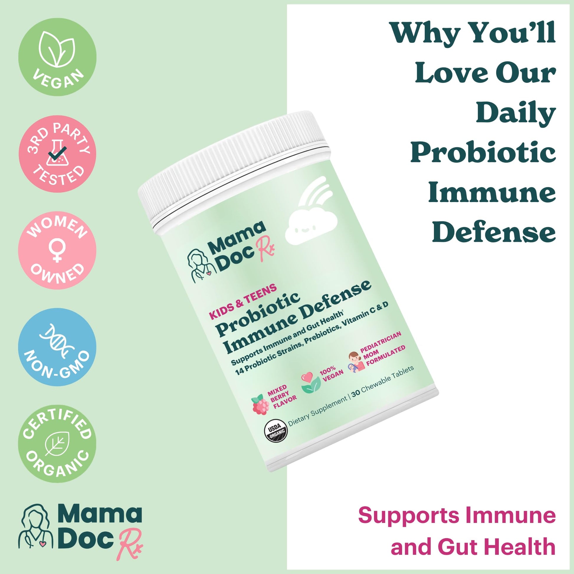 MamaDoc Rx Certified Organic Kids & Teens Probiotic Immune Defense - 5 Billion CFUs | Sugar Free, Vegan, Gluten-Free | 14 Probiotic Strains, Prebiotics, Vitamin C & D | 30 Chewable Tablets, Ages 4+ MamaDoc Rx buy supplements canada