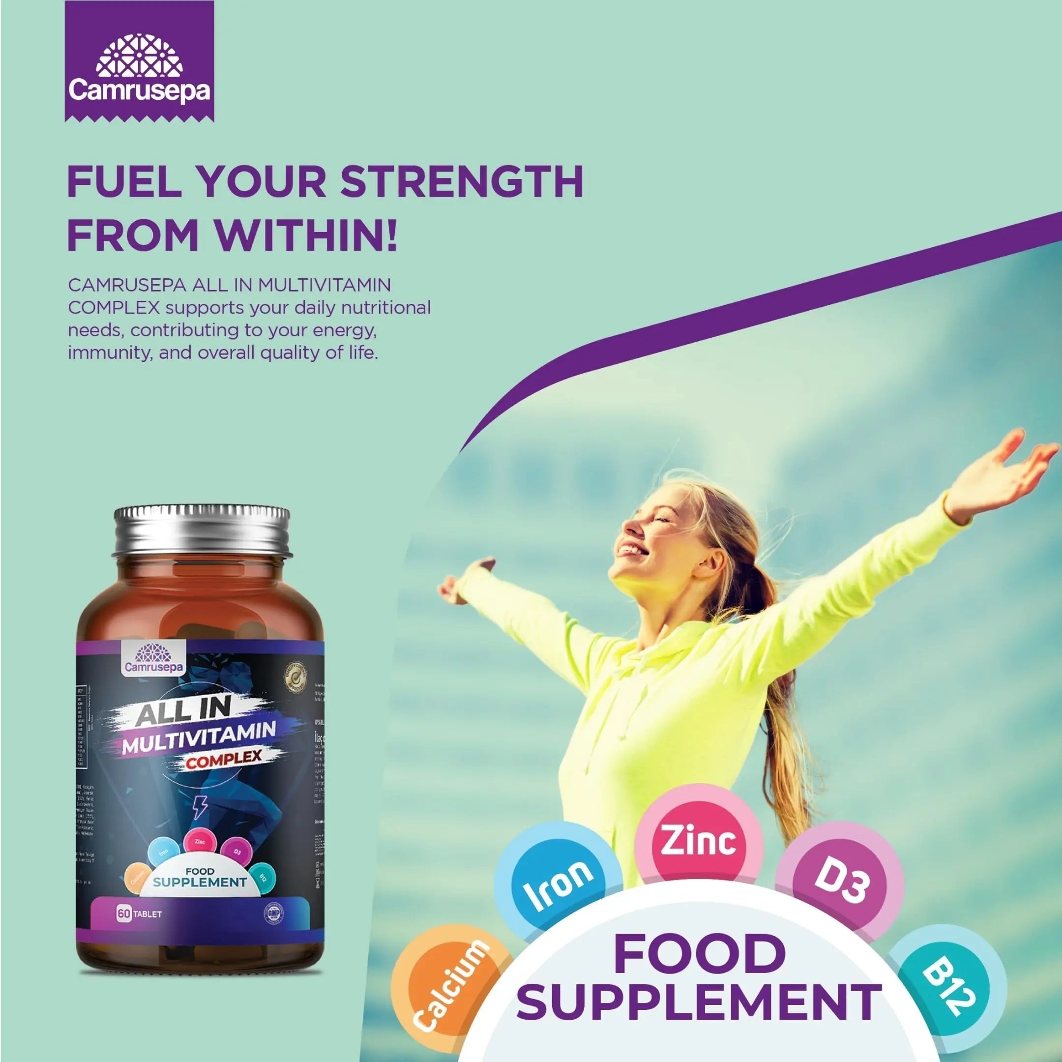 CAMRUSEPA All in Multivitamin Complex – Daily Tablet with Calcium, Iron, Zinc, Vitamin C, B Complex, D3, E, A & More – Complete Daily Nutritional Support for Adults Camrusepa buy supplements canada