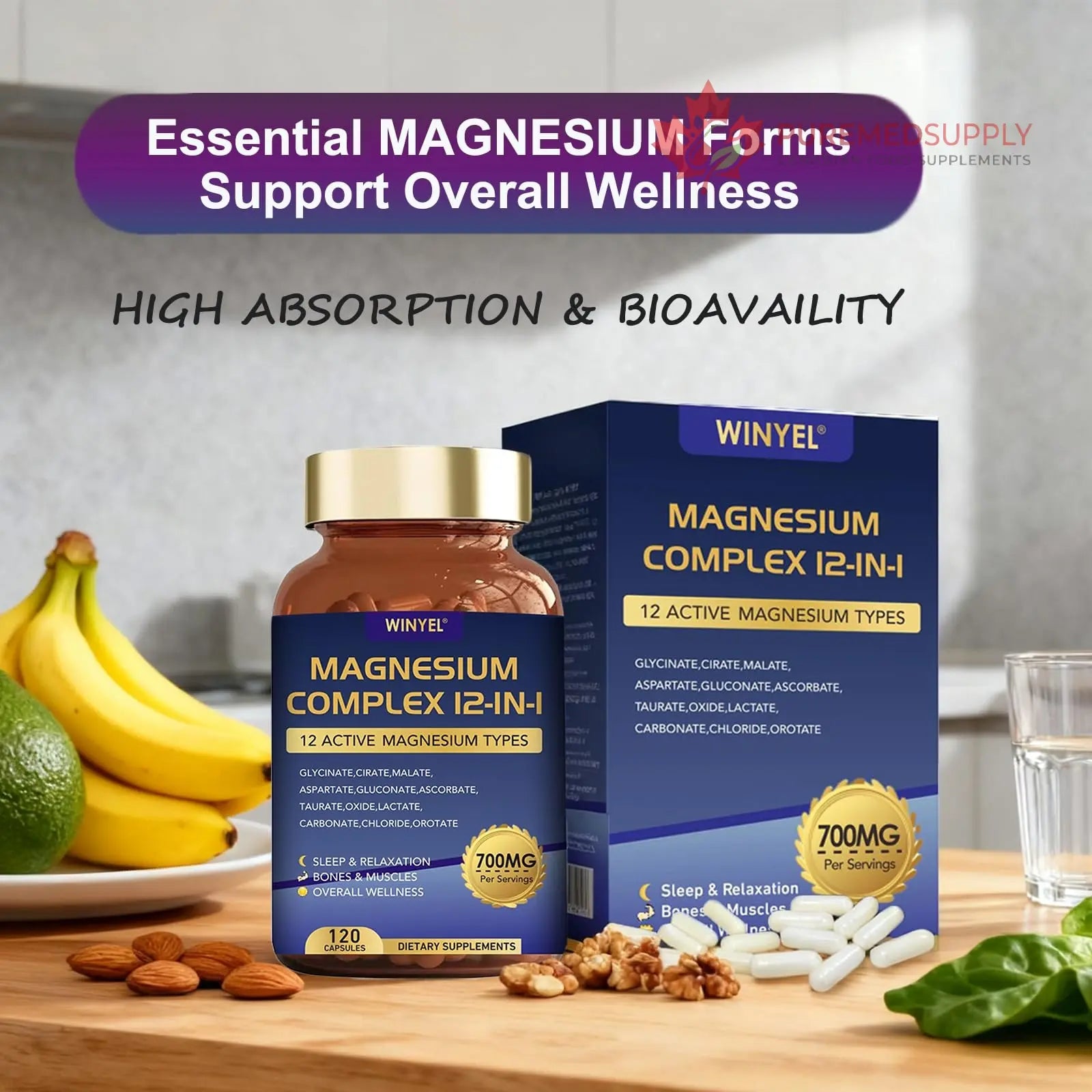 Magnesium Complex 700mg 12 in 1 Magnesium Supplement with Glycinate, Citrate, Malate | Sleep, Calm, Muscle Relaxation, Heart Health Support | Vegan 120 Capsules WINYEL buy supplements canada
