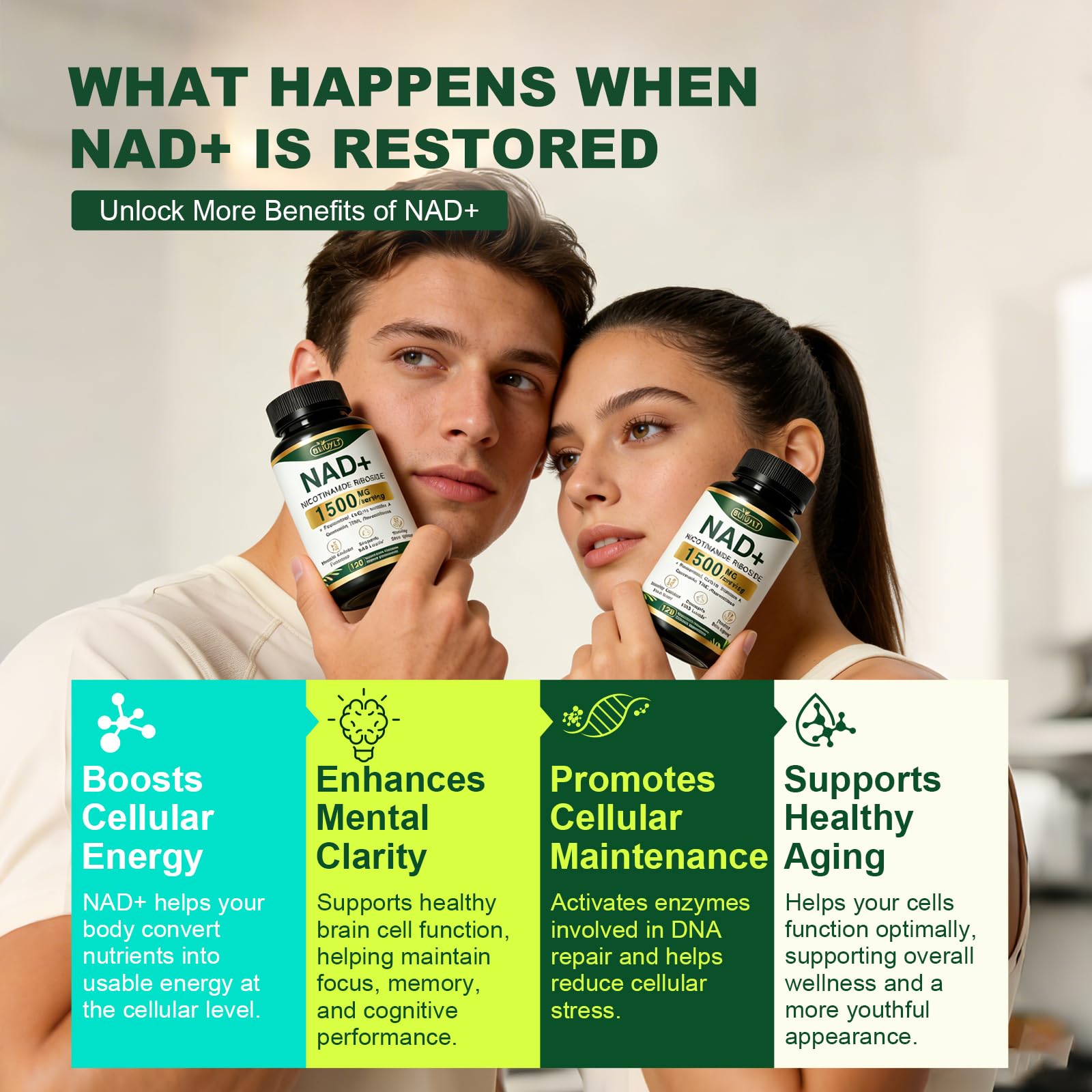 BUIUYLT NAD+ Supplement 1500mg, NR NMN Replacement with Resveratrol, Urolithin A, CoQ10 & Quercetin for Cellular Energy, Healthy Aging & Stamina for Women & Men - 120 Capsules BUIUYLT buy supplements canada