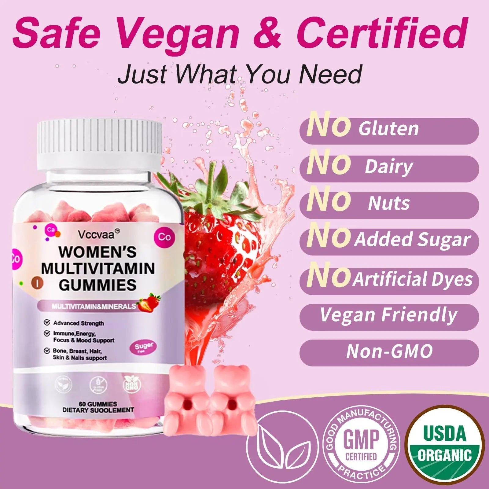 Vccvaa Sugar Free Multivitamin Gummies for Women 14+ with Iron, Inositol, Folate, Vitamins A C D3 E B12 K2, Herbal & Mineral Blend Vccvaa buy supplements canada
