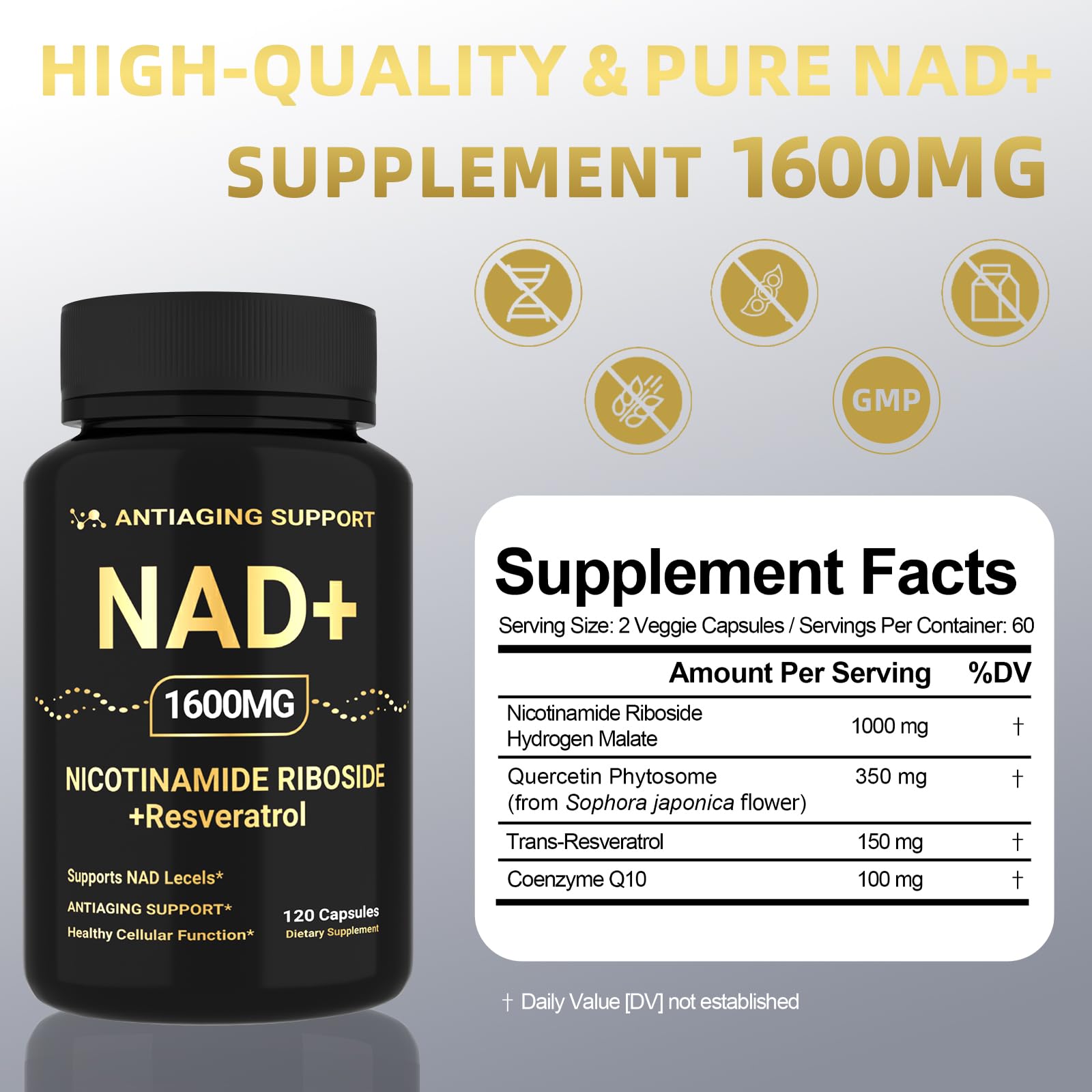 NAD Supplement 1600mg, NAD+ with Resveratrol & Nicotinamide Riboside, Anti-Aging Support, Cellular Energy & Mental Clarity Support, Vegan Non-GMO, 120 Capsules ANTIAGING SUPPORT buy supplements canada
