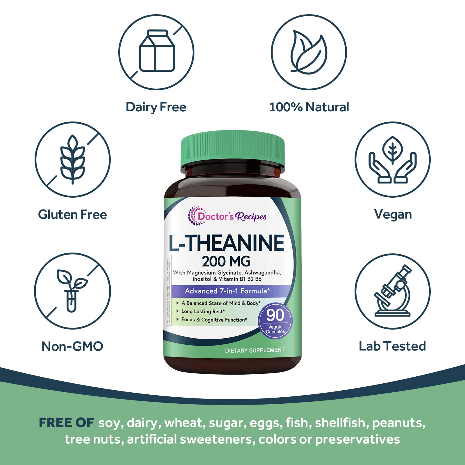 Doctor's Recipes L-Theanine 200 mg, Magnesium Glycinate, Ashwagandha, Inositol, Vitamin B6 B1 B2, Calm Relaxation Mood Cortisol Manager Nerve Focus Sleep Aid Quality No Drowsiness, Vegan, 90 Capsules Doctor's Recipes buy supplements canada