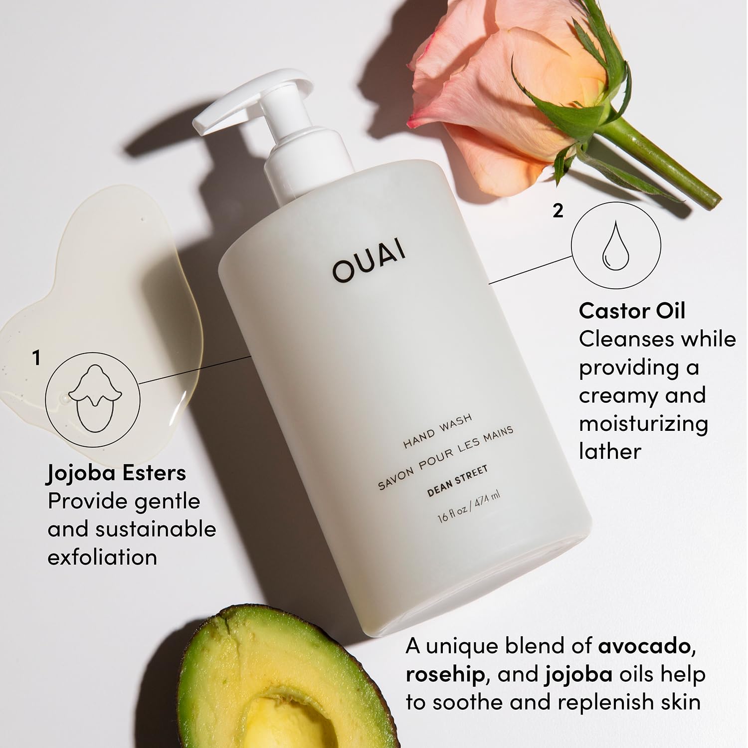OUAI Hand Wash, Dean Street - Liquid Hand Soap with Jojoba, Avocado, & Rose Hip Oil for Replenished Skin - Gentle Exfoliating Kitchen & Bathroom Soap (16 Fl Oz) OUAI buy supplements canada