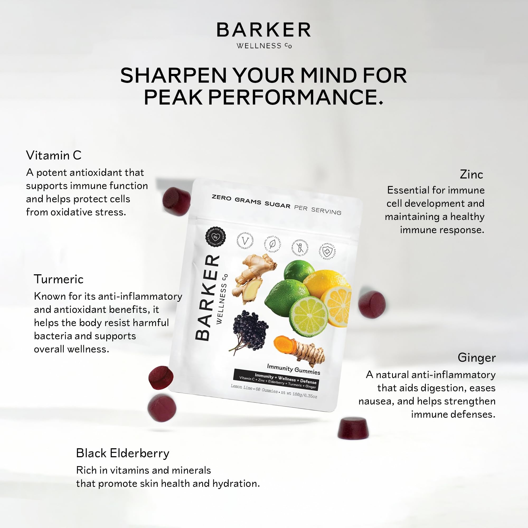 Barker Wellness Immunity Gummies with Vitamin C, Zinc, Elderberry, Turmeric & Ginger for Daily Immune Support | Vegan, Sugar-Free, Lemon-Lime Flavor | Seasonal Wellness Essentials, 60 Count Barker Wellness Co buy supplements canada